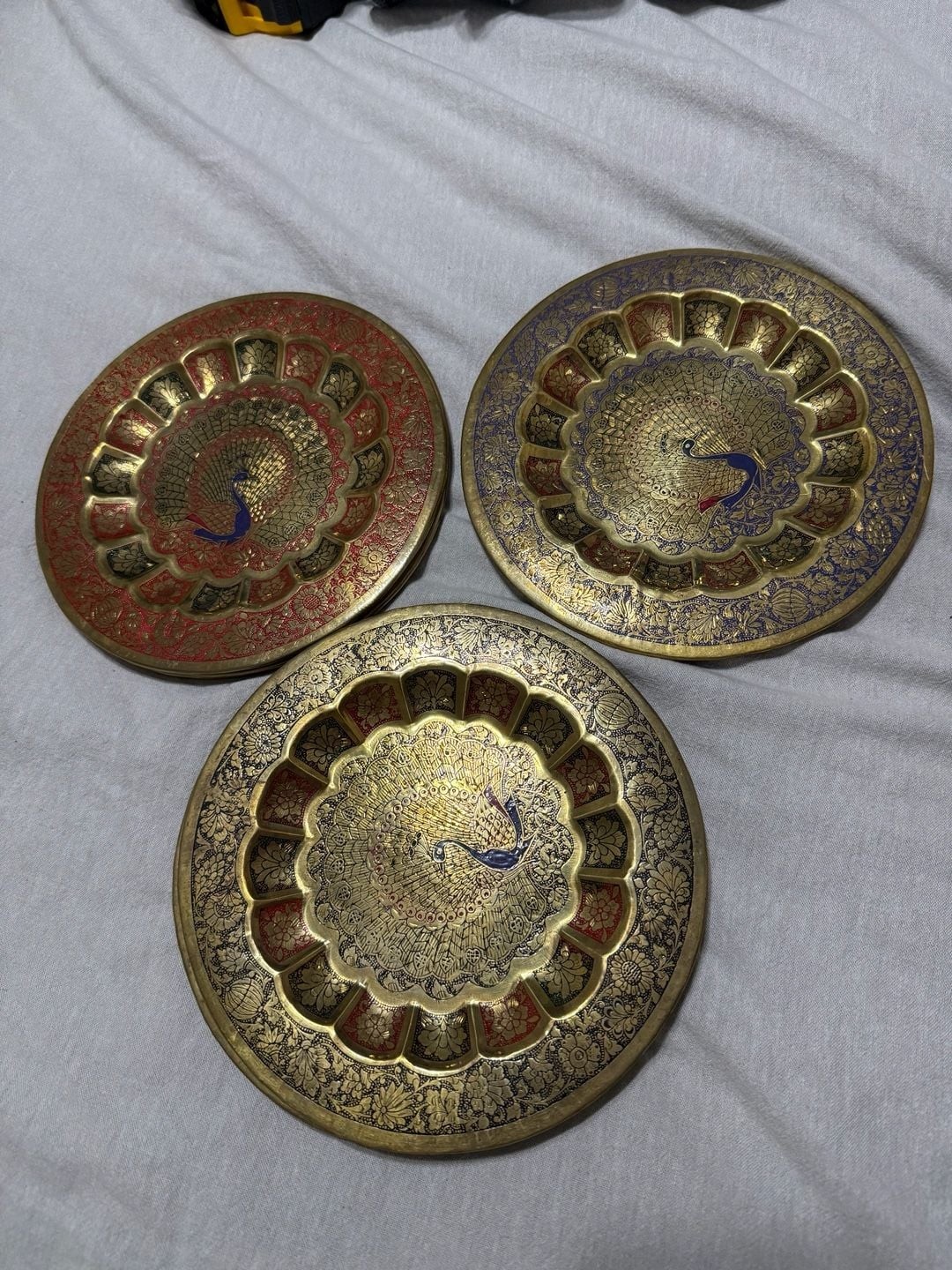 Vintage Hand Engraved Brass Peacock Wall Plates Set of 11 Vintage Hand Engraved Brass Peacock Wall Plates Set of 11