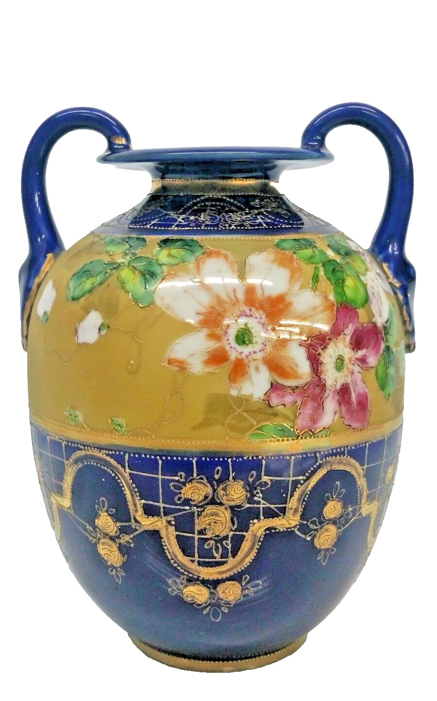 Early 20th Century Cobalt Blue Noritake Porcelain Vase Double Handle, Gilded