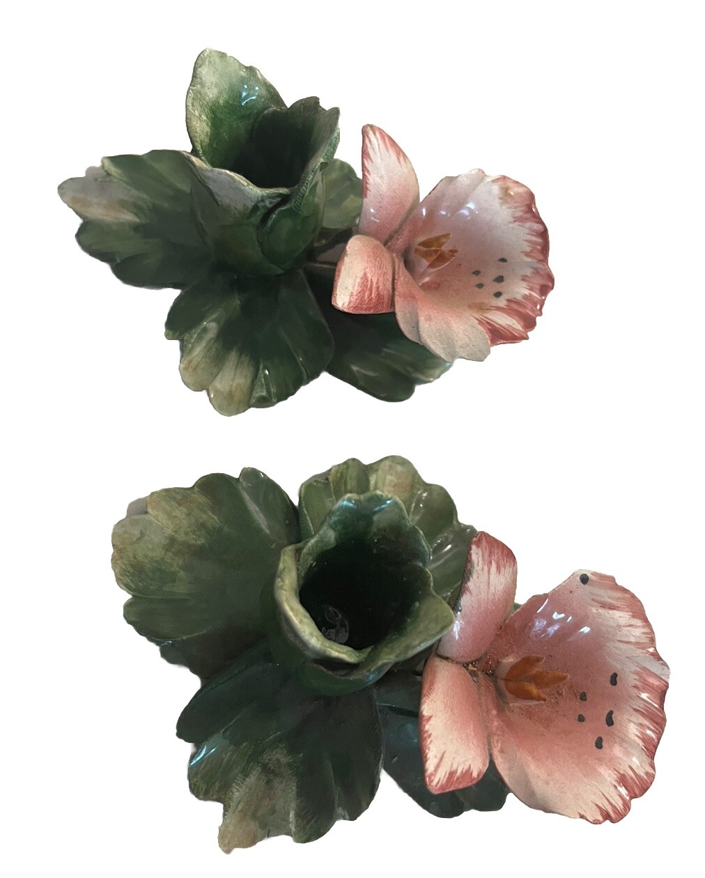 Vintage S/2 Nuova Capidimonte Porcelain Pink Green Lily Candle Holders ~ Mint Vintage S/2 Nuova Capidimonte Porcelain Pink Green Lily Candle Holders ~ Mint