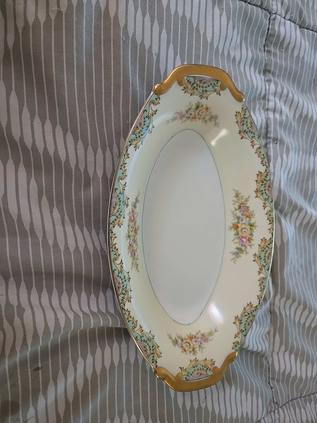 Meito China Hand Painted Floral Yellow/Gold Border Oval Relish Dish B48