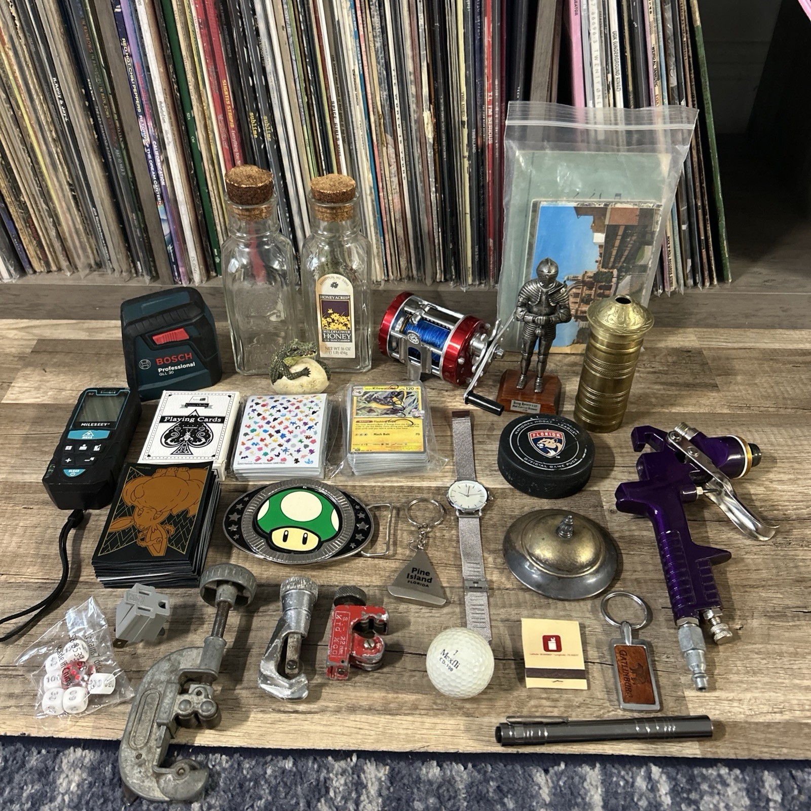 Vtg Junk Drawer Lot Estate Cleanout Bosch Laser Level Pokemon Cards Tools