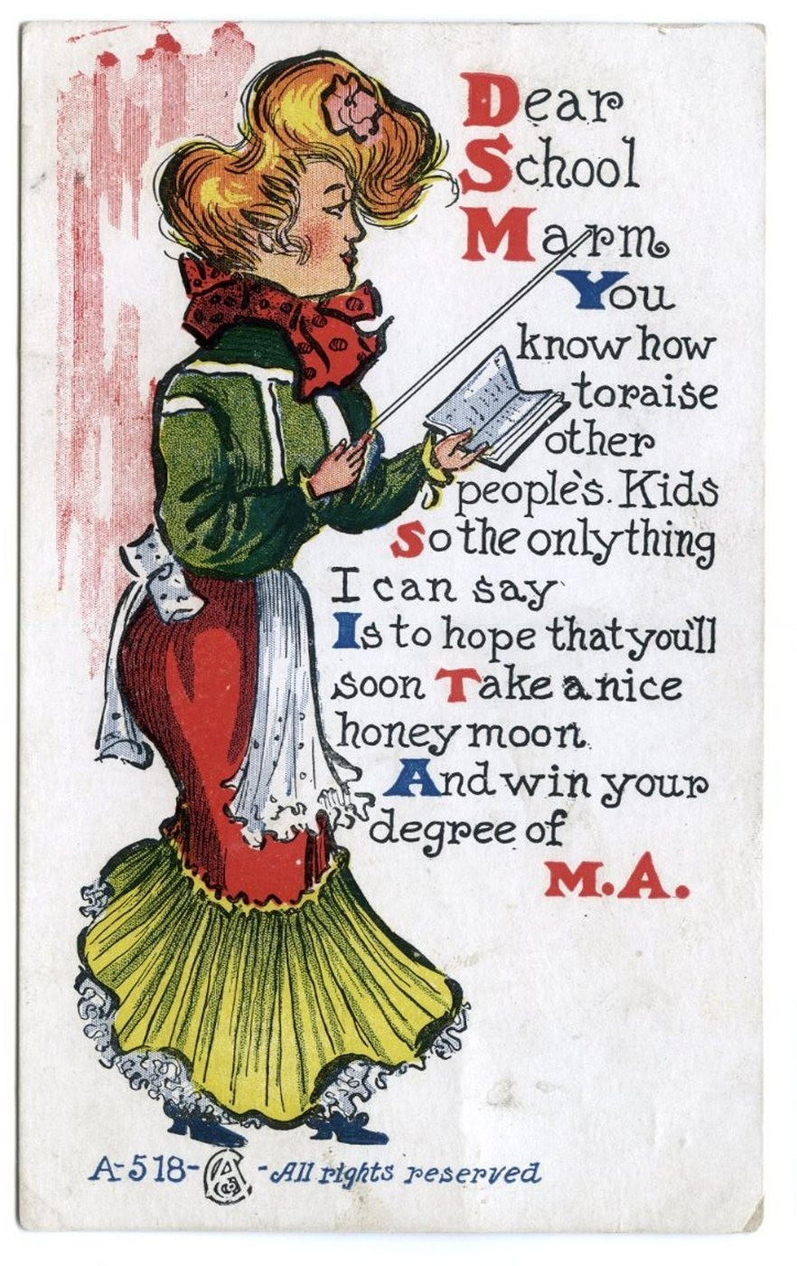 Vintage 1907 School Marm Teacher Comic Postcard Sherburne Vermont Postmark