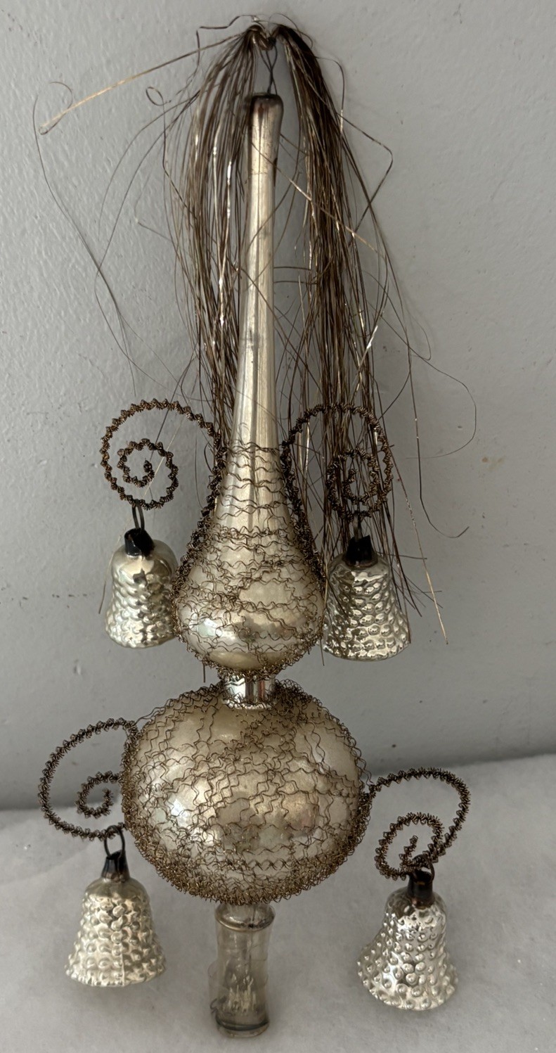 Antique Mercury Glass Finial Tree Topper Wire Wrapped Tinsel Top 4 Bells FREESHP