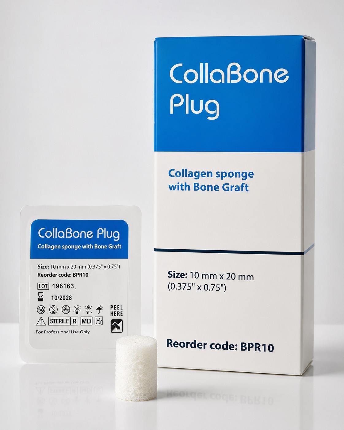 CollaBone Plug Collagen Sponge with Bone Graft, 10 mm x 20 mm, 10/Pk CollaBone Plug Collagen Sponge with Bone Graft, 10 mm x 20 mm, 10/Pk