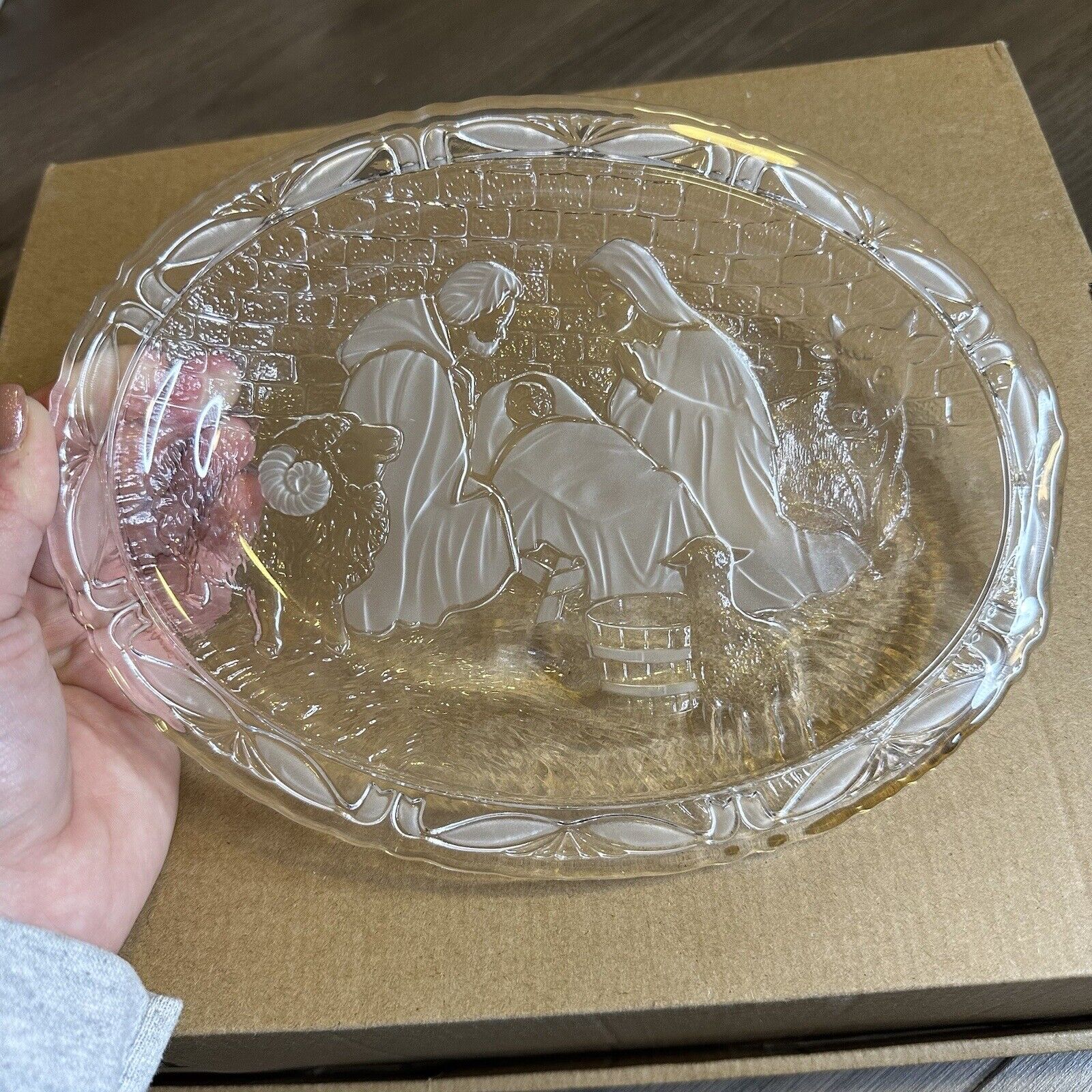 Vintage Mikasa Oval Holiday Glass Plate Joseph Mary Jesus Lamb Design