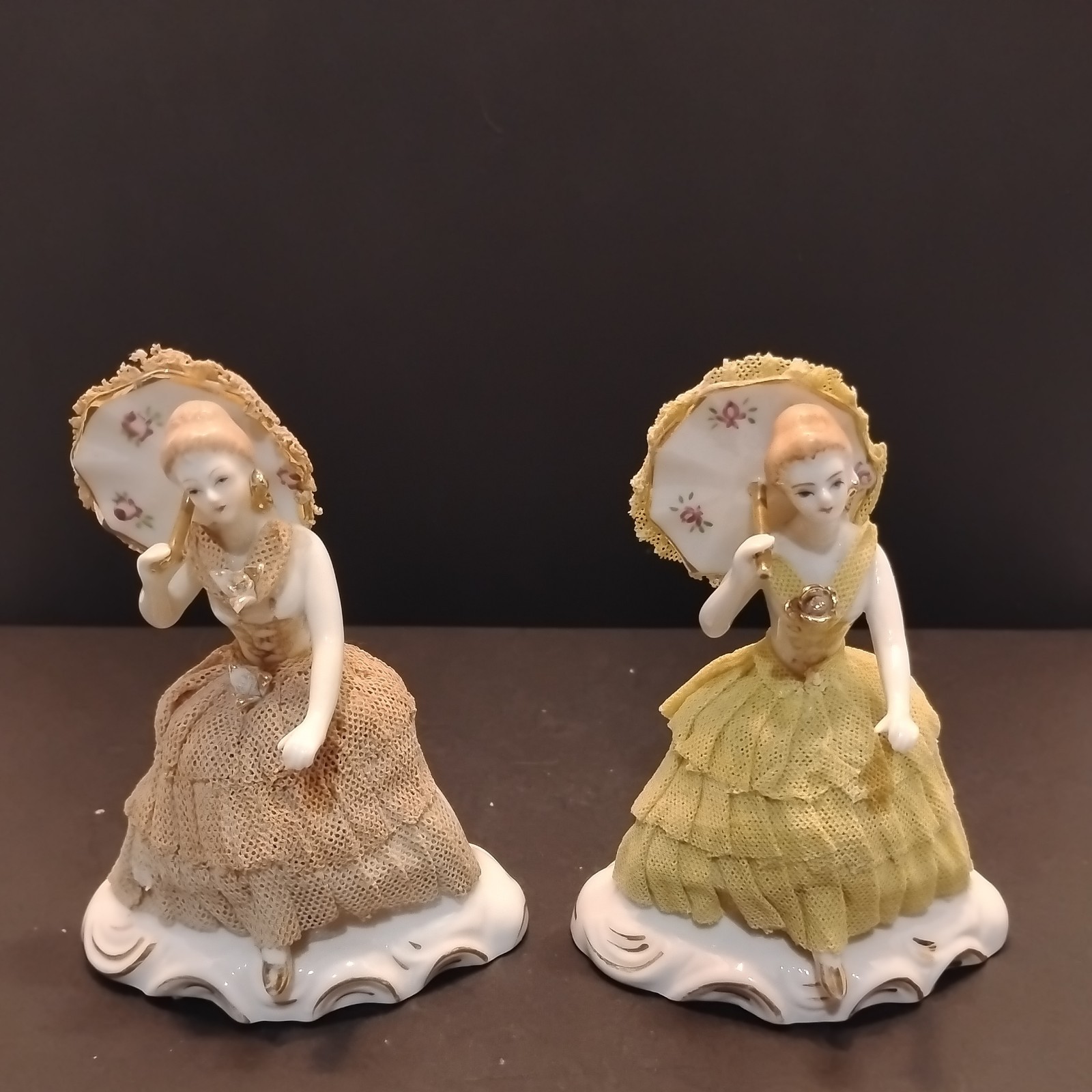 2 Vintage Dresden Lace Victorian Ladies W/ Umbrella Porcelain 4.5 2 Vintage Dresden Lace Victorian Ladies W/ Umbrella Porcelain 4.5