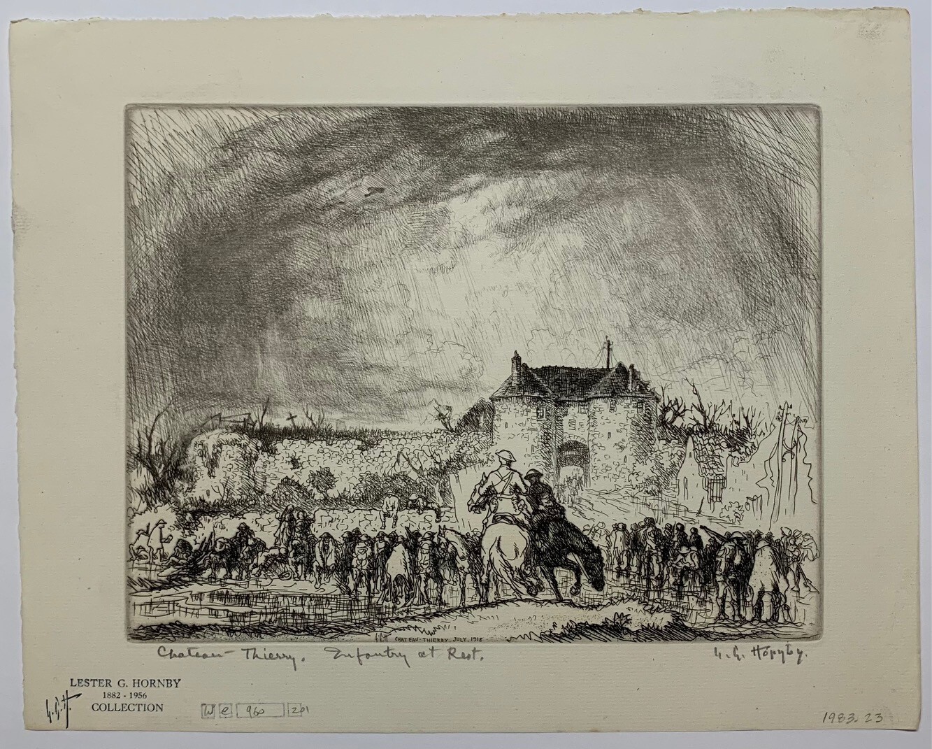 Scarce LESTER HORNBY \'Infantry at Rest Chateau Thierry 1918\' WORLD WAR 1 ETCHING