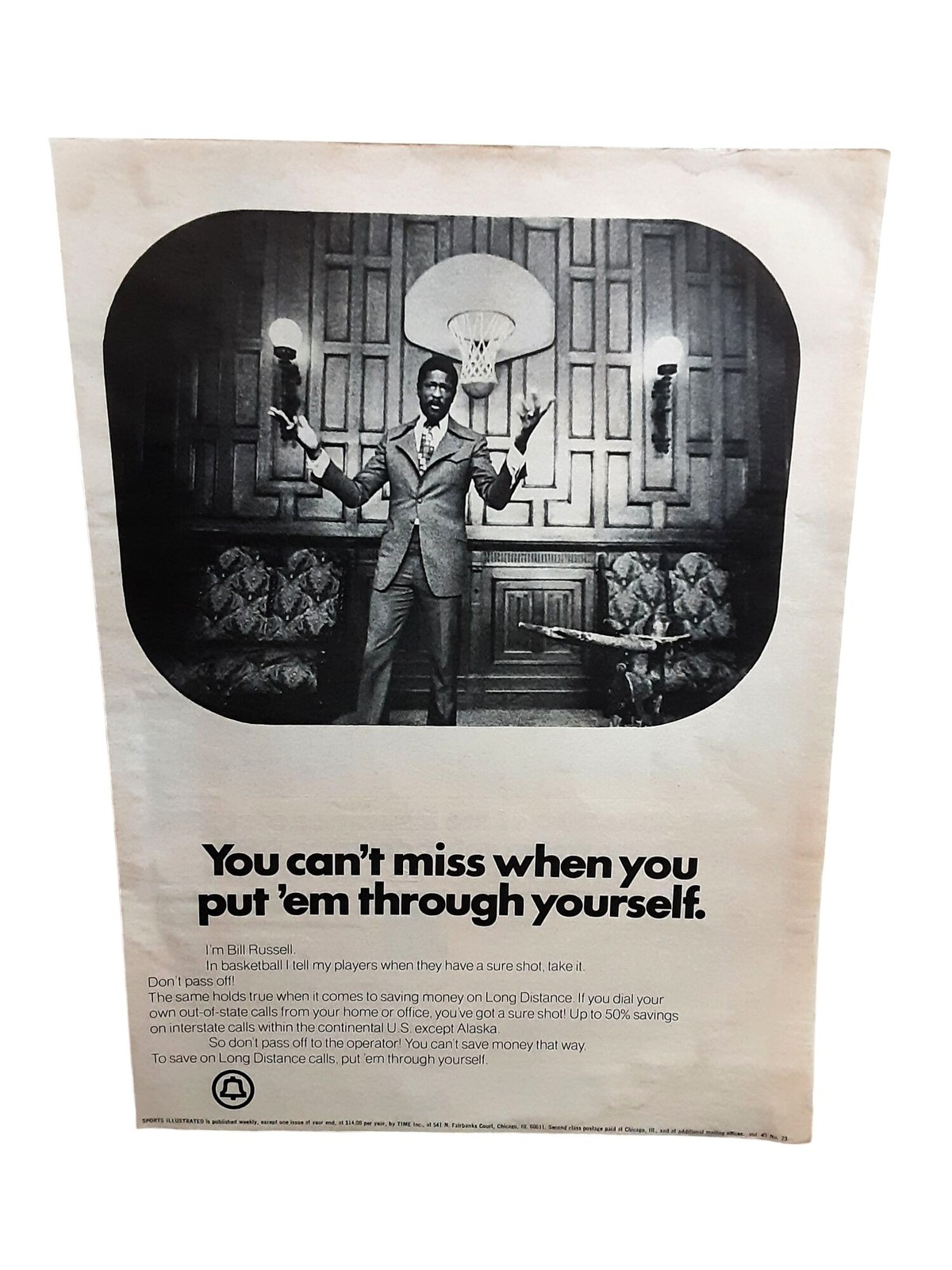 1974 Bill Russell Basketball Legend Vintage Long Distance Telephone Ad 1974 Bill Russell Basketball Legend Vintage Long Distance Telephone Ad