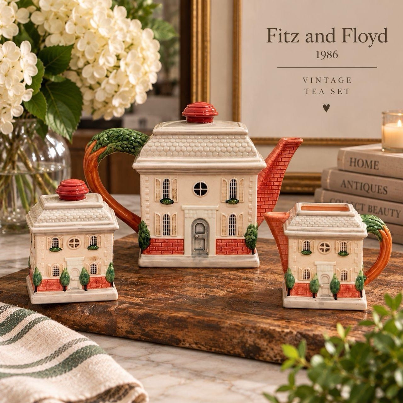 VTG 1986 Fitz & Floyd RARE Chateau Home Ceramic 3 Piece Teapot Complete Set