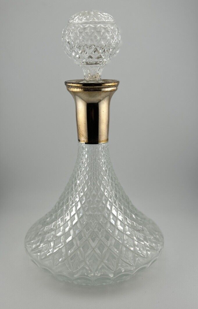 Pressed Crystal Glass Decanter Diamond Point Gold Collar w/ Stopper 10.5”