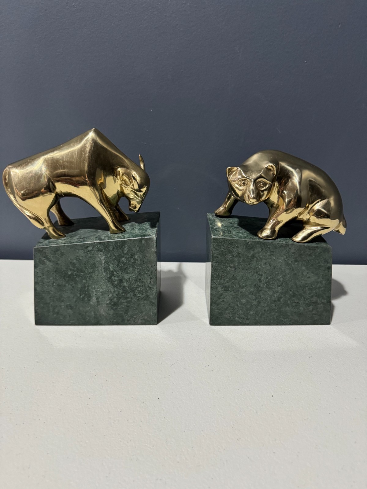 Vintage Set of Wall Street Bear & Bull Brass Marble Book Ends Rare Bear Vintage Set of Wall Street Bear & Bull Brass Marble Book Ends Rare Bear