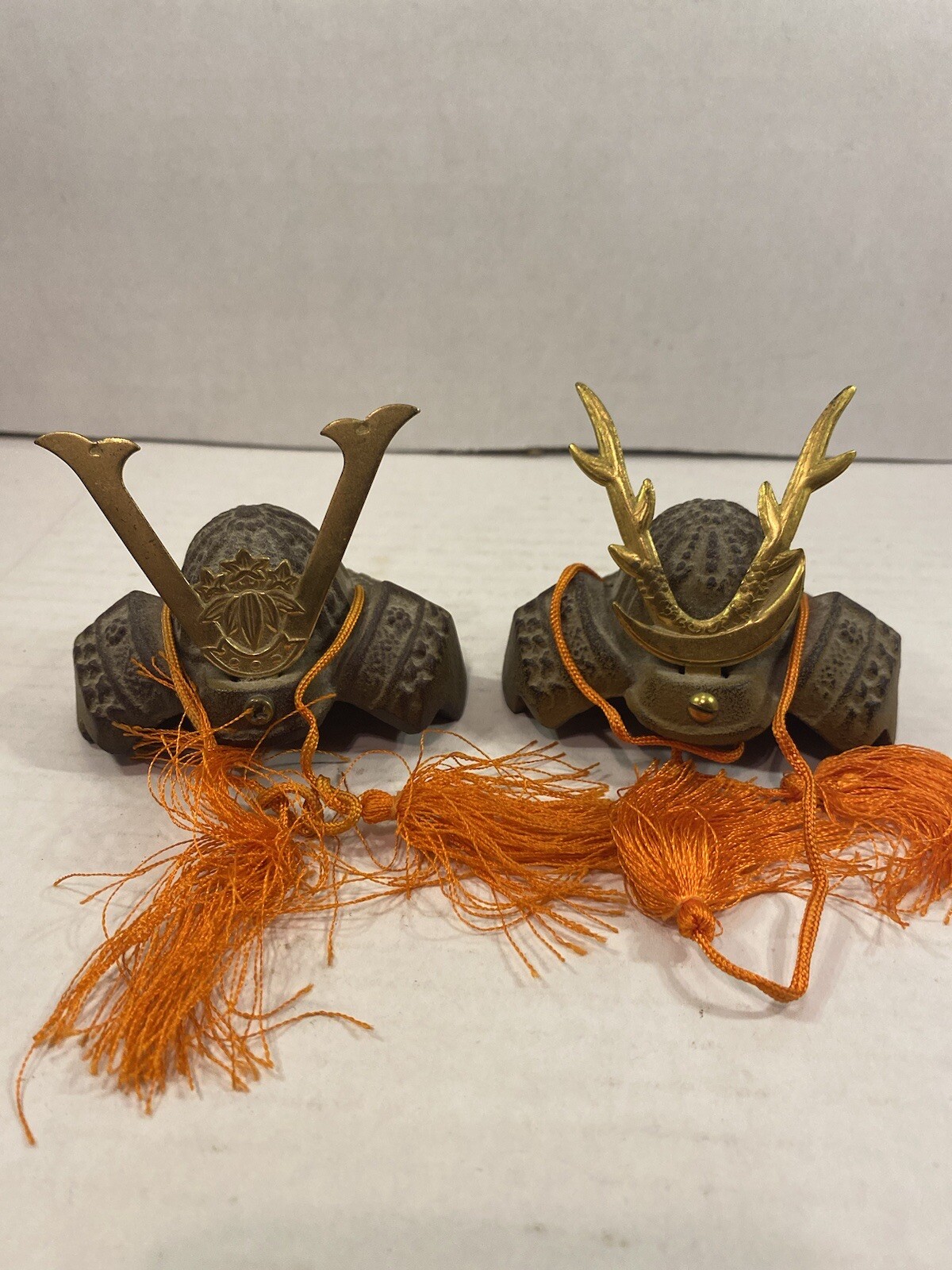 Vintage Miniature Armor Helmet Samurai Kabuto Deer Horn Cast Iron Japan 