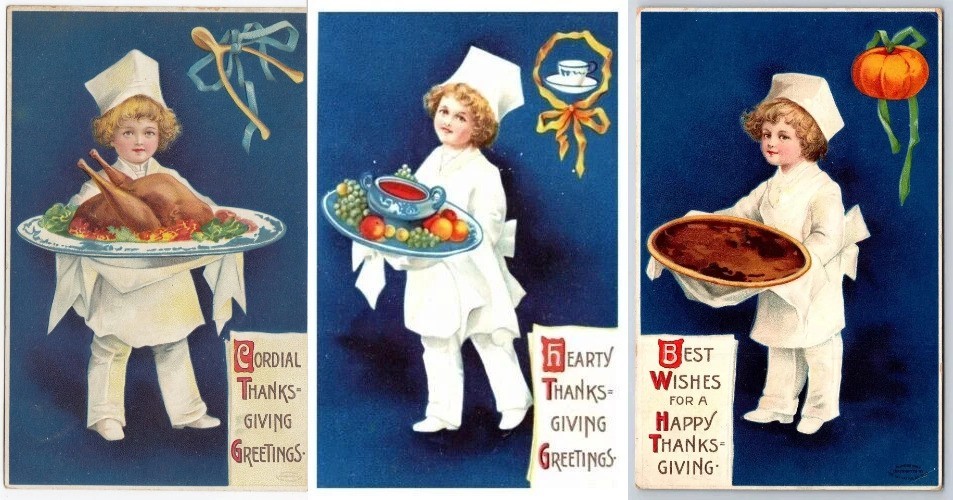Set of 3 Clapsaddle Thanksgiving Little Chefs~Pies~Turkey~Food~Postcards Lot