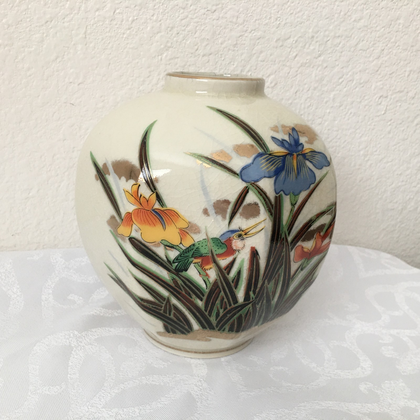 Vintage Japan Vase Irises Kingfisher Floral Gold Accent Crackle Glaze Hand Paint