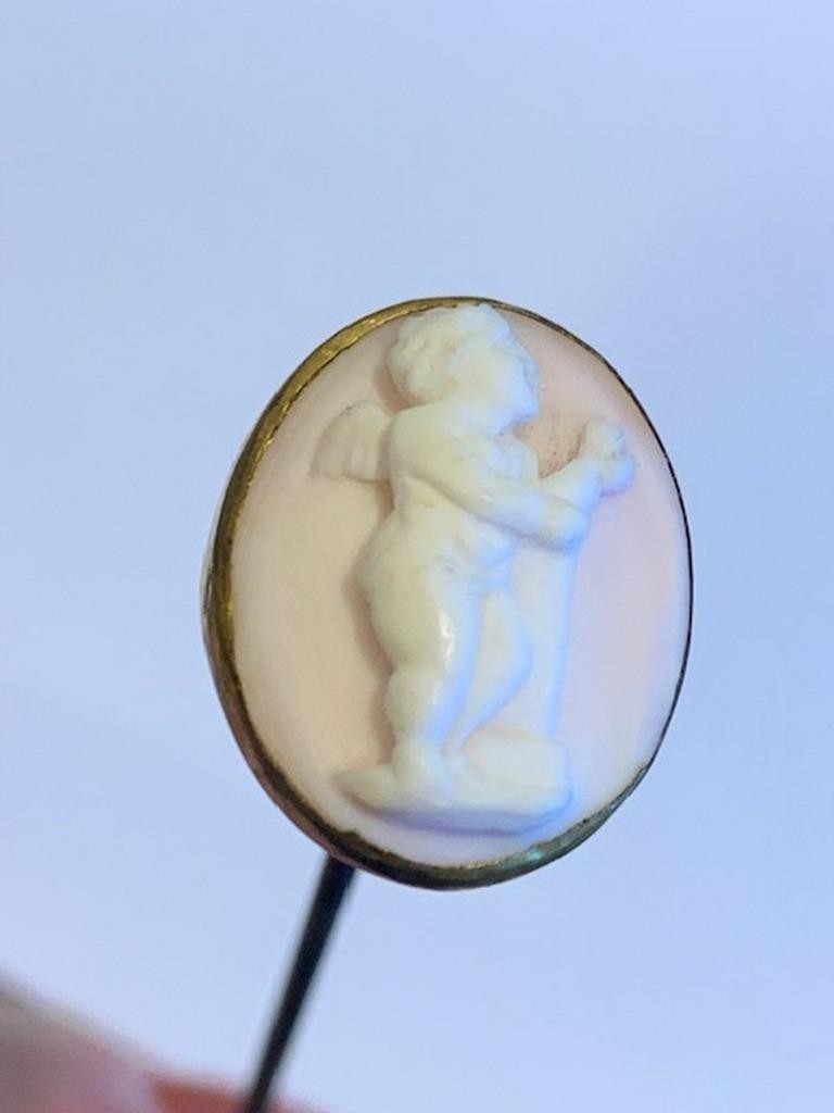 Victorian Hand Carved Angel Skin Coral Cherub Putti Cameo Stick Pin 6.75”
