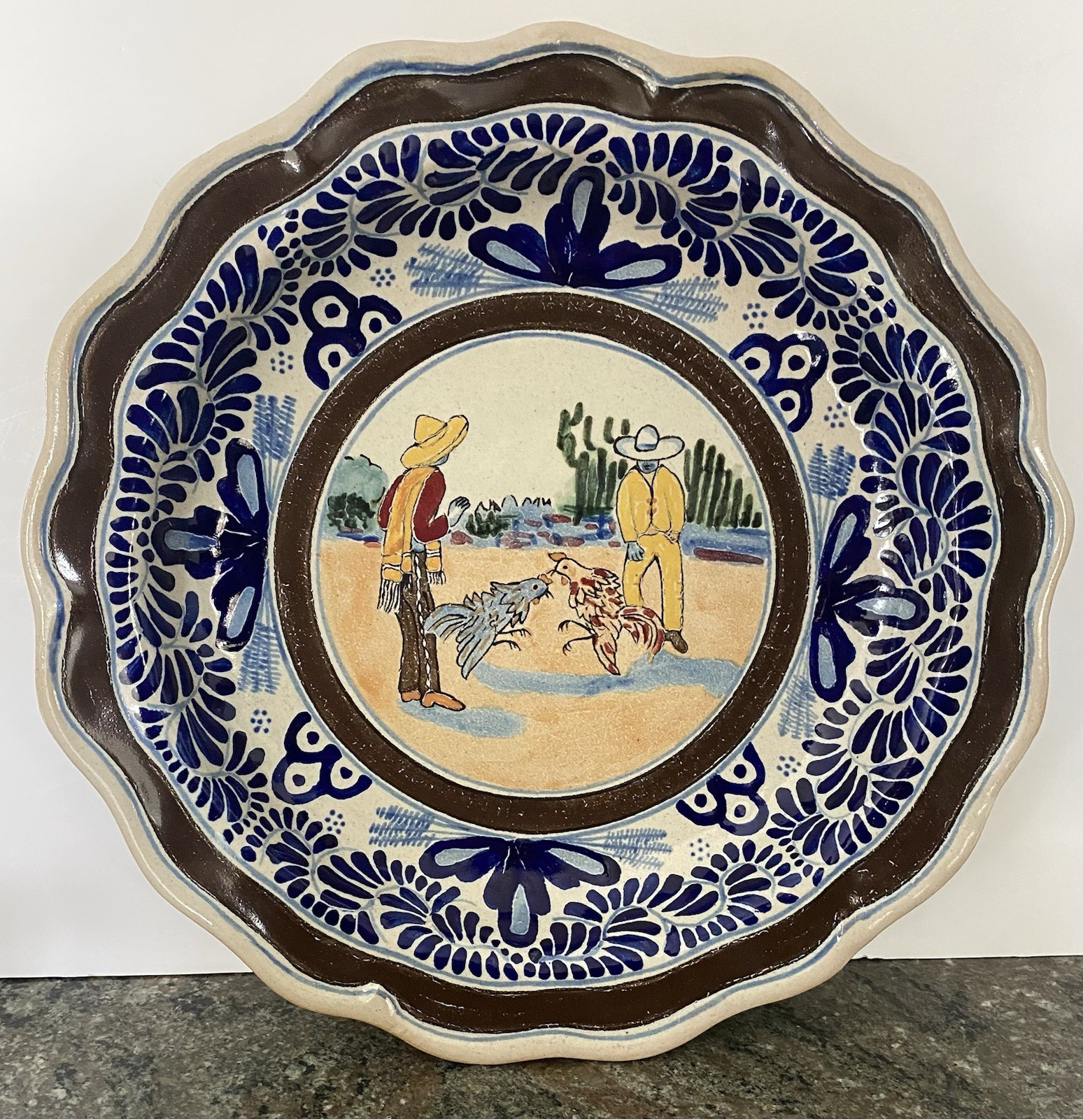Vintage Mexican Folk Art Pottery Charger Ysauro Uriarte Cockfight