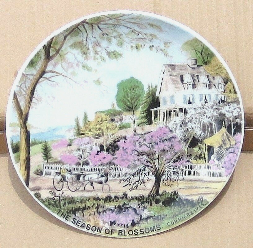 Vtg Norcrest Rare/HTF Plate–The Season of Blossom Currier & Ives–Horse and Buggy
