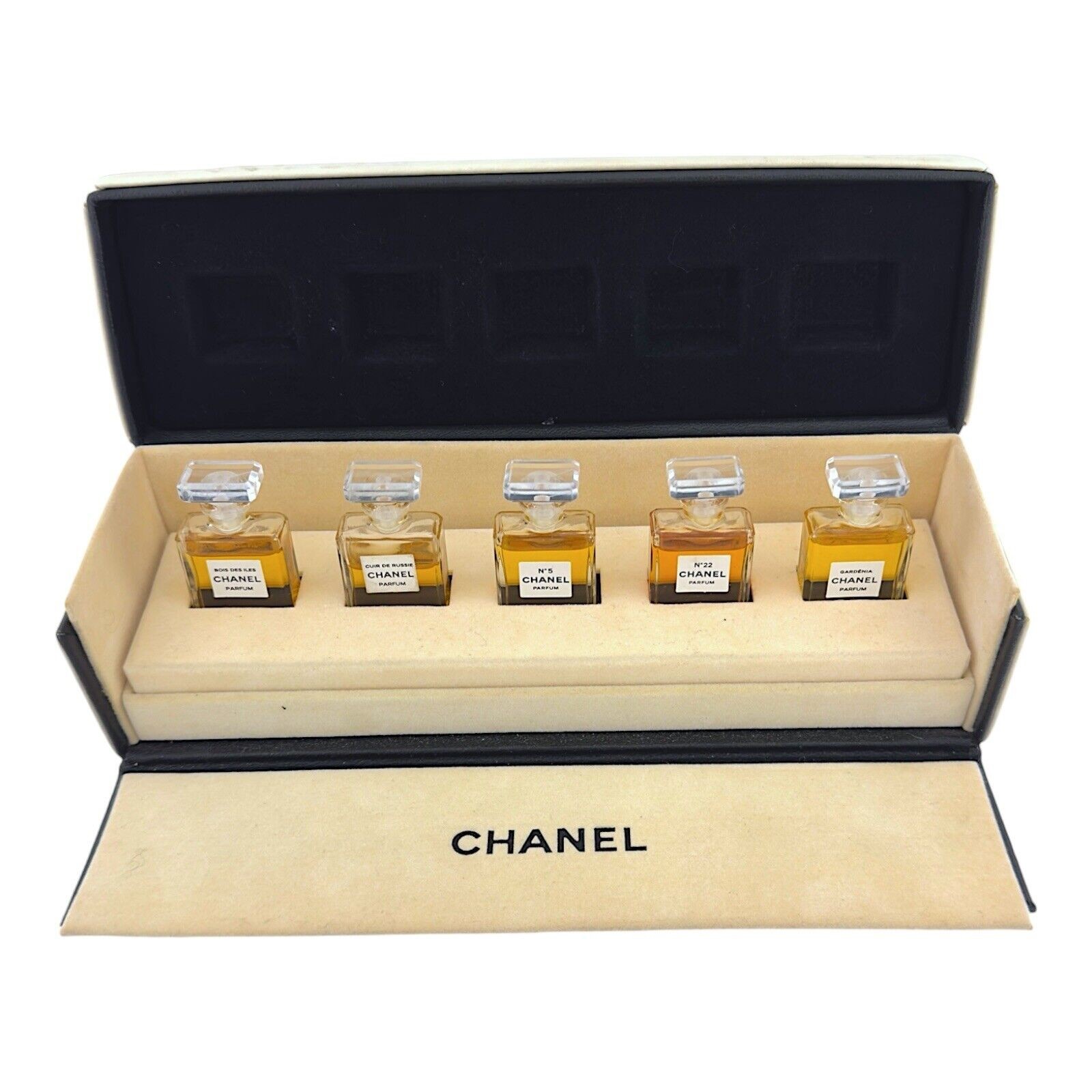1978 Chanel 5pc Parfum Coffret No5 22 Gardenia Cuir Bois Vintage Mini France