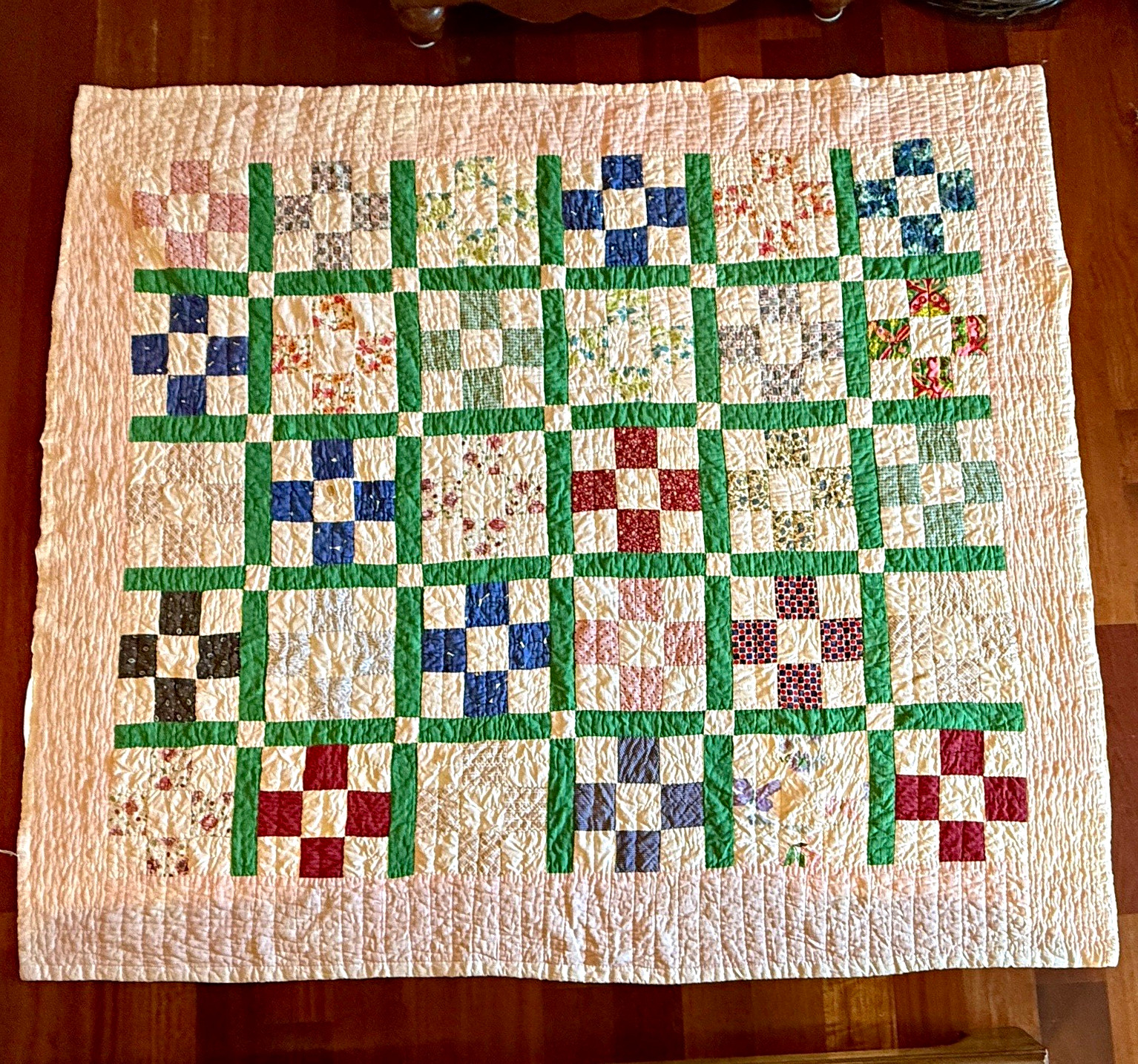 Handmade Quilt Feed Sack, Cotton Nine Patch Cross, 1930s 1940s 71Wx80L Handmade Quilt Feed Sack, Cotton Nine Patch Cross, 1930s 1940s 71Wx80L