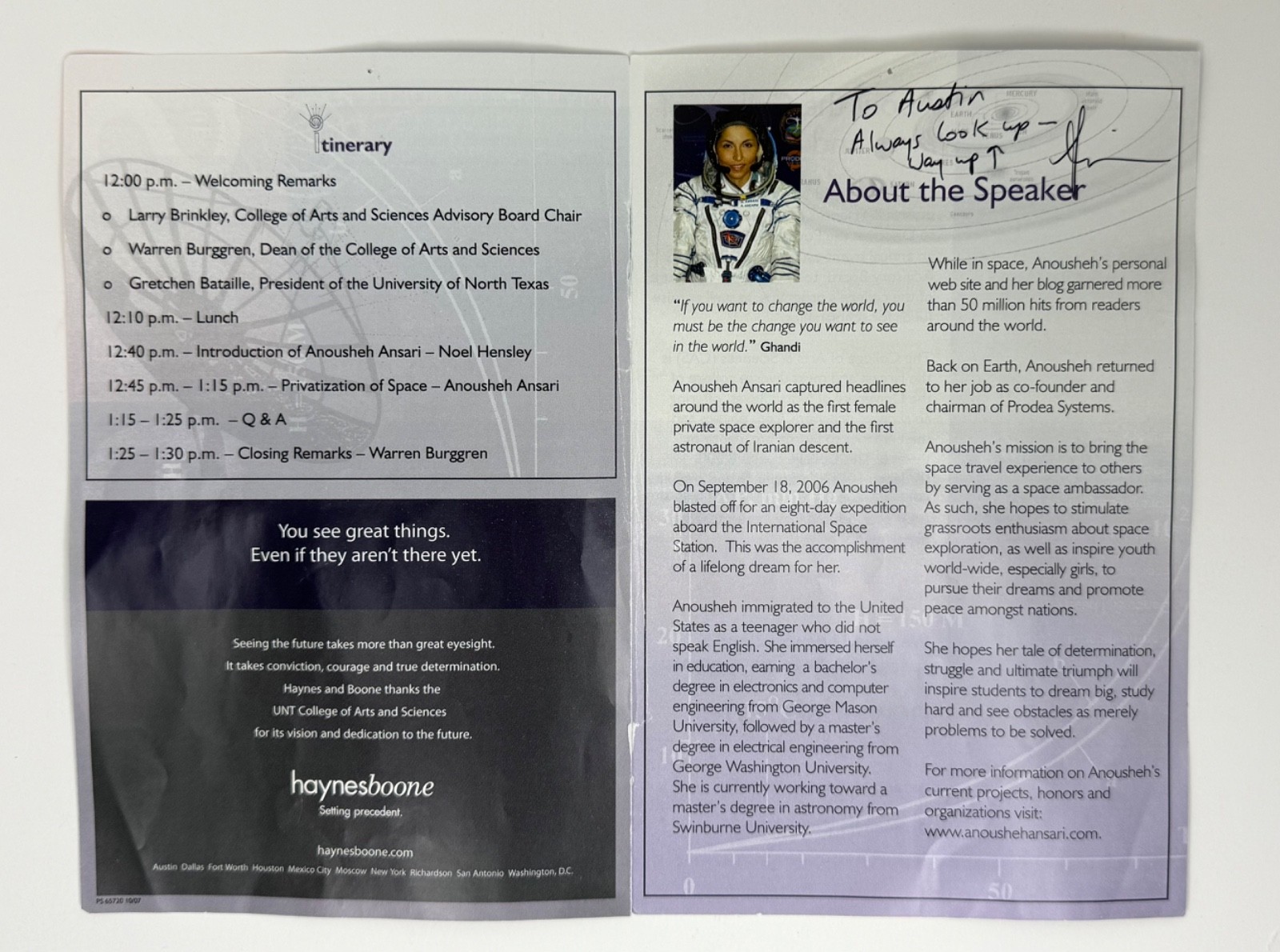 Anousheh Ansari Autograph, First Iranian woman astronaut, UNT brochure, 2007 Anousheh Ansari Autograph, First Iranian woman astronaut, UNT brochure, 2007