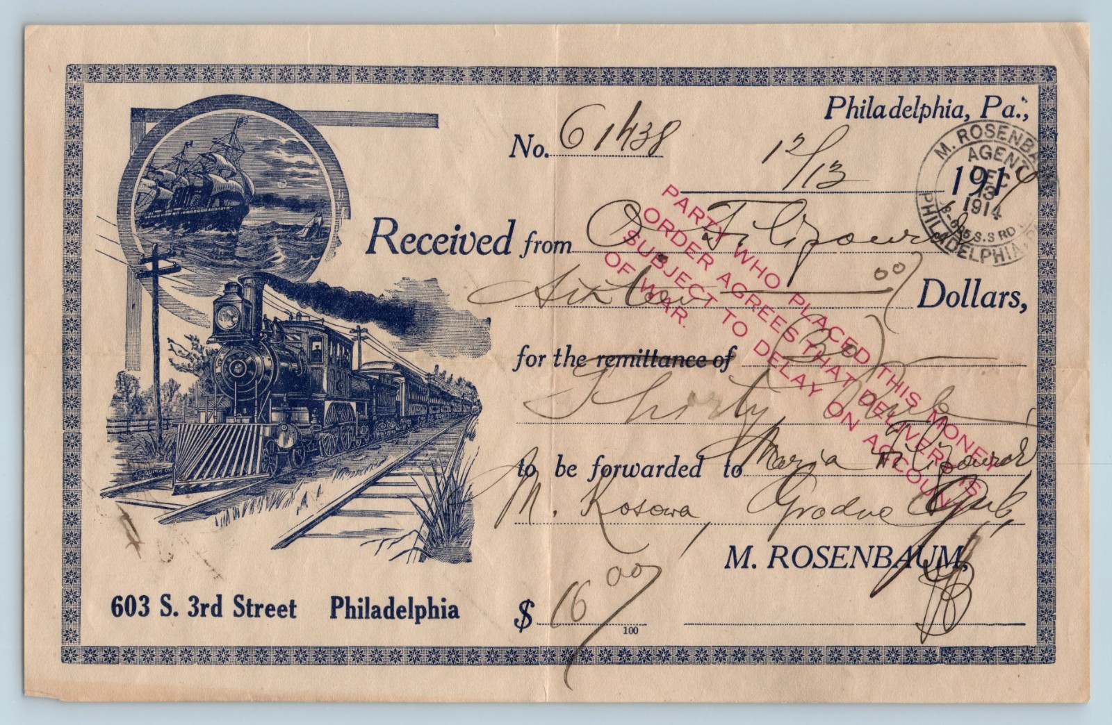 1914 WWI Philadelphia Money Order Receipt Grodno Russia Red War Stamp Train Map 1914 WWI Philadelphia Money Order Receipt Grodno Russia Red War Stamp Train Map