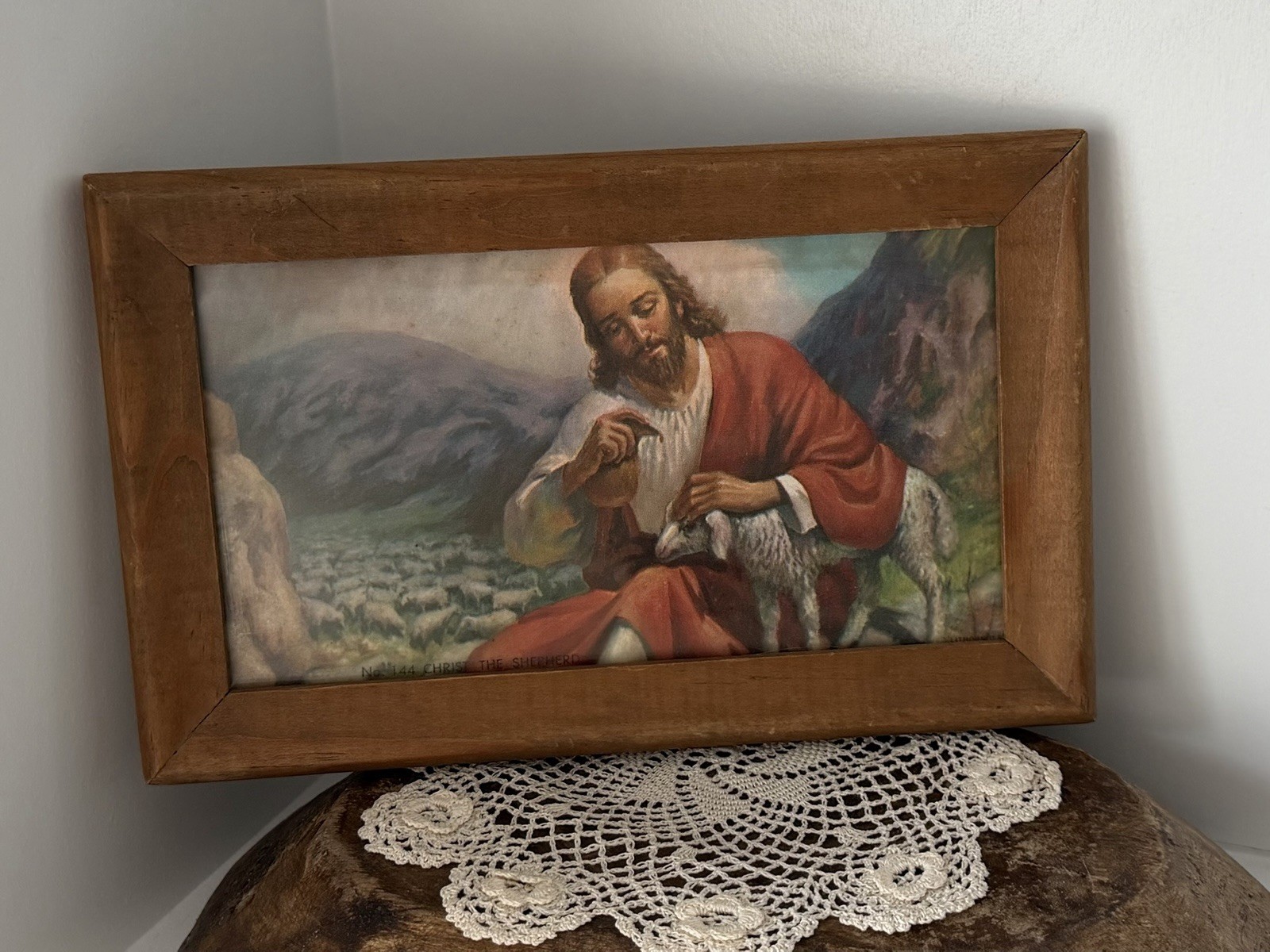 Vintage Lithograph Print Of “Jesus As The Good Shephard” In A Wood Frame