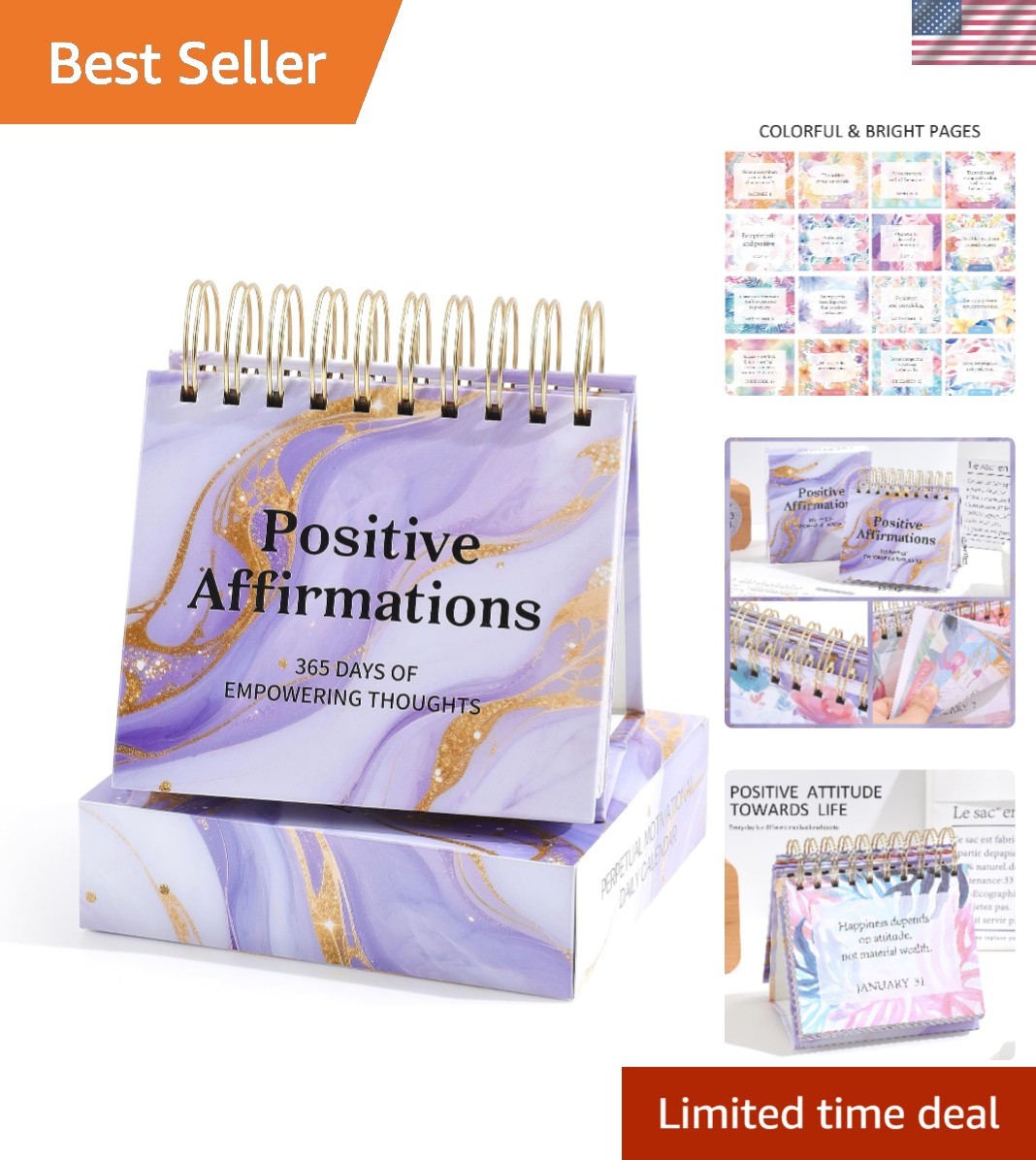 Stylish Daily Affirmations Flip Calendar - Motivational Desk Accessory in Gold
