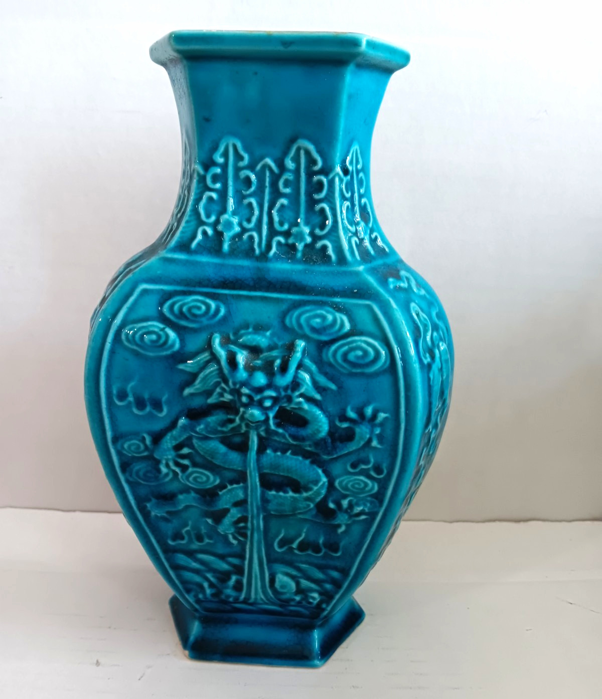 Antique Chinese Turq Hex Dragon Errored Antique Chinese Turq Hex Dragon Errored