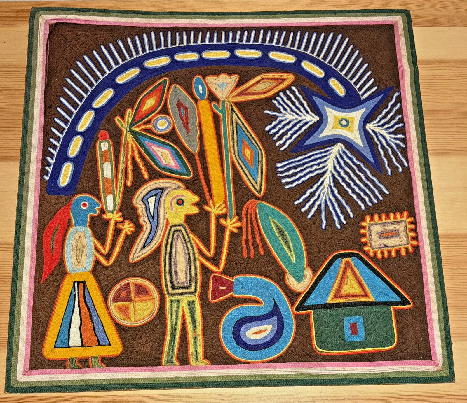 Vintage Huichol Yarn Painting Nierika 24x24 Wixarika Mexican Folk Art Star Snake