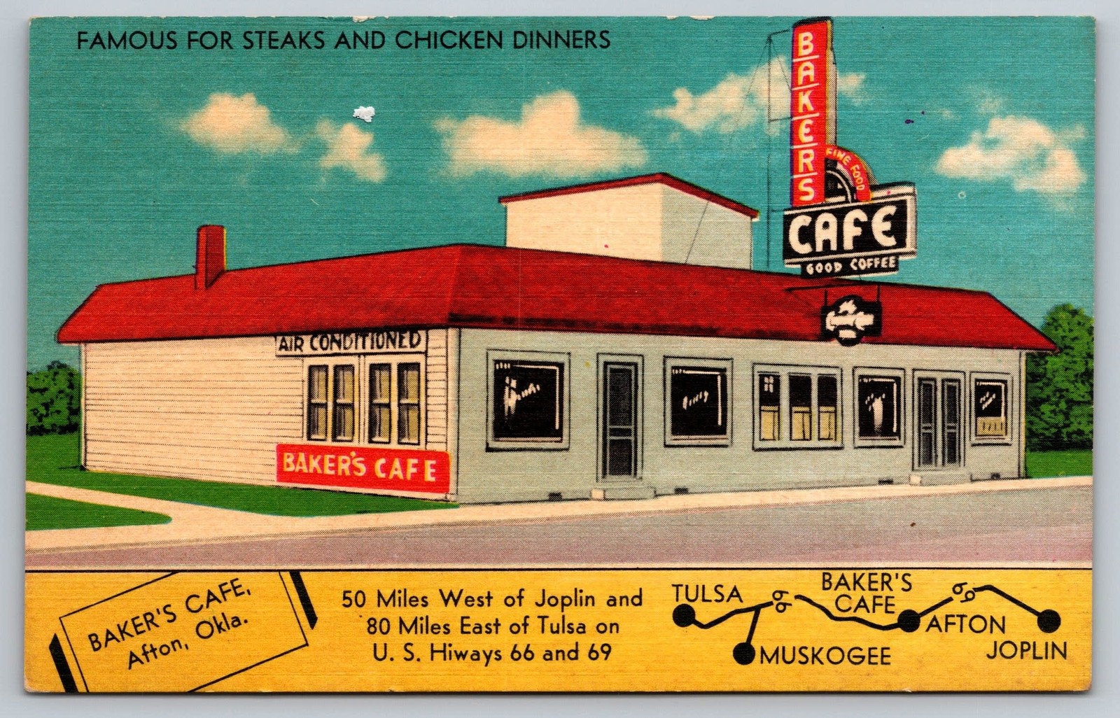Baker\'s Cafe Afton Oklahoma Linen Vintage Postcard Route 66 1940 MWM Baker\'s Cafe Afton Oklahoma Linen Vintage Postcard Route 66 1940 MWM