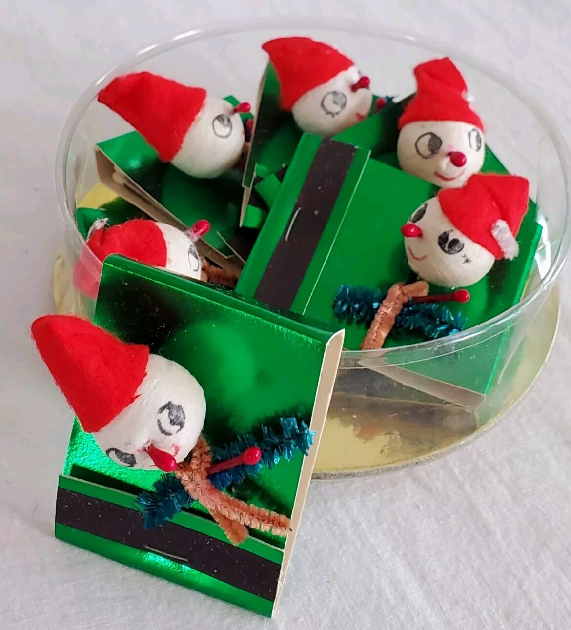 6 Vtg Mid Century Green Foil CHRISTMAS Matchbooks Spun Cotton Elves Pixies Box