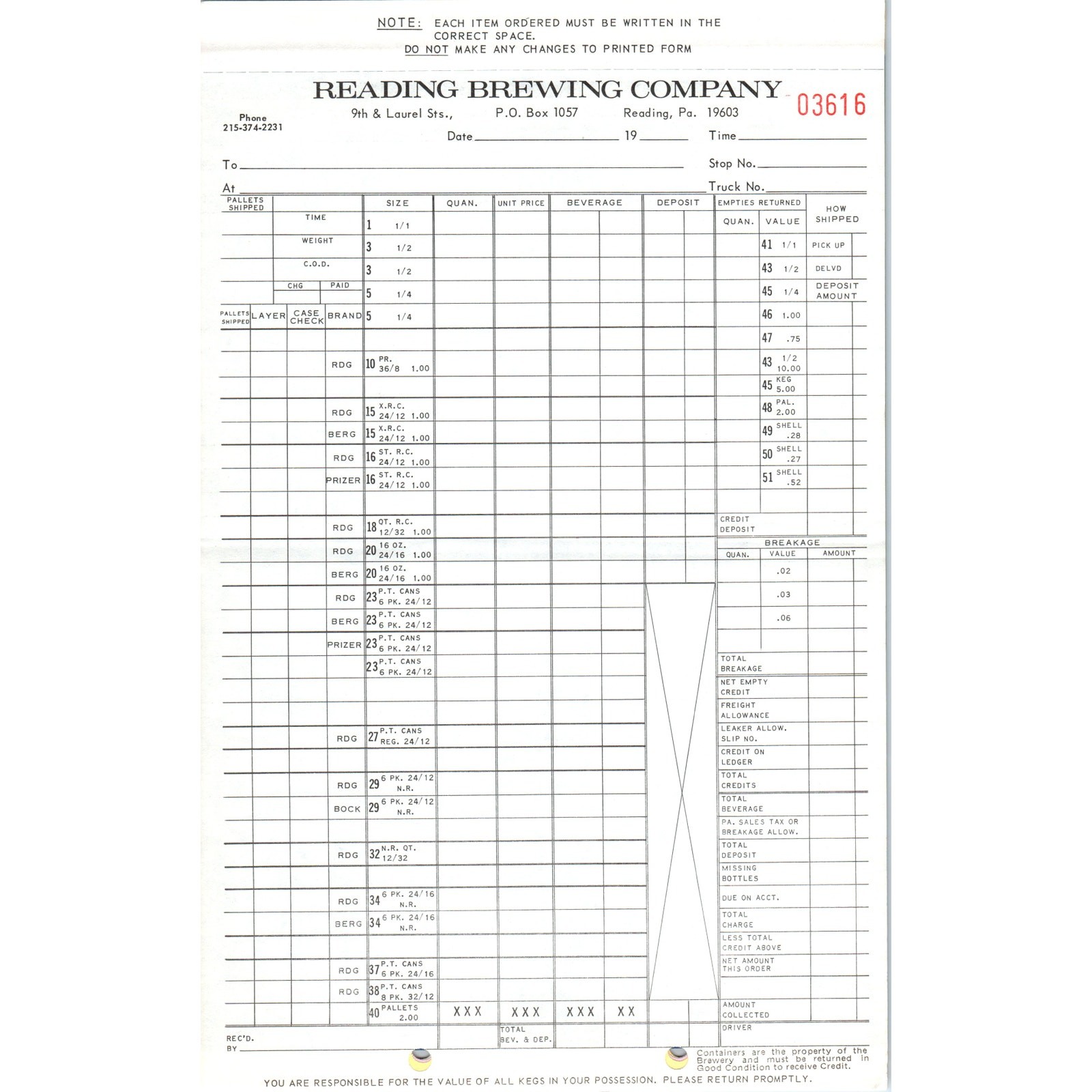 Vintage Reading Brewing Company Order Form Blank PA H4-5 Vintage Reading Brewing Company Order Form Blank PA H4-5
