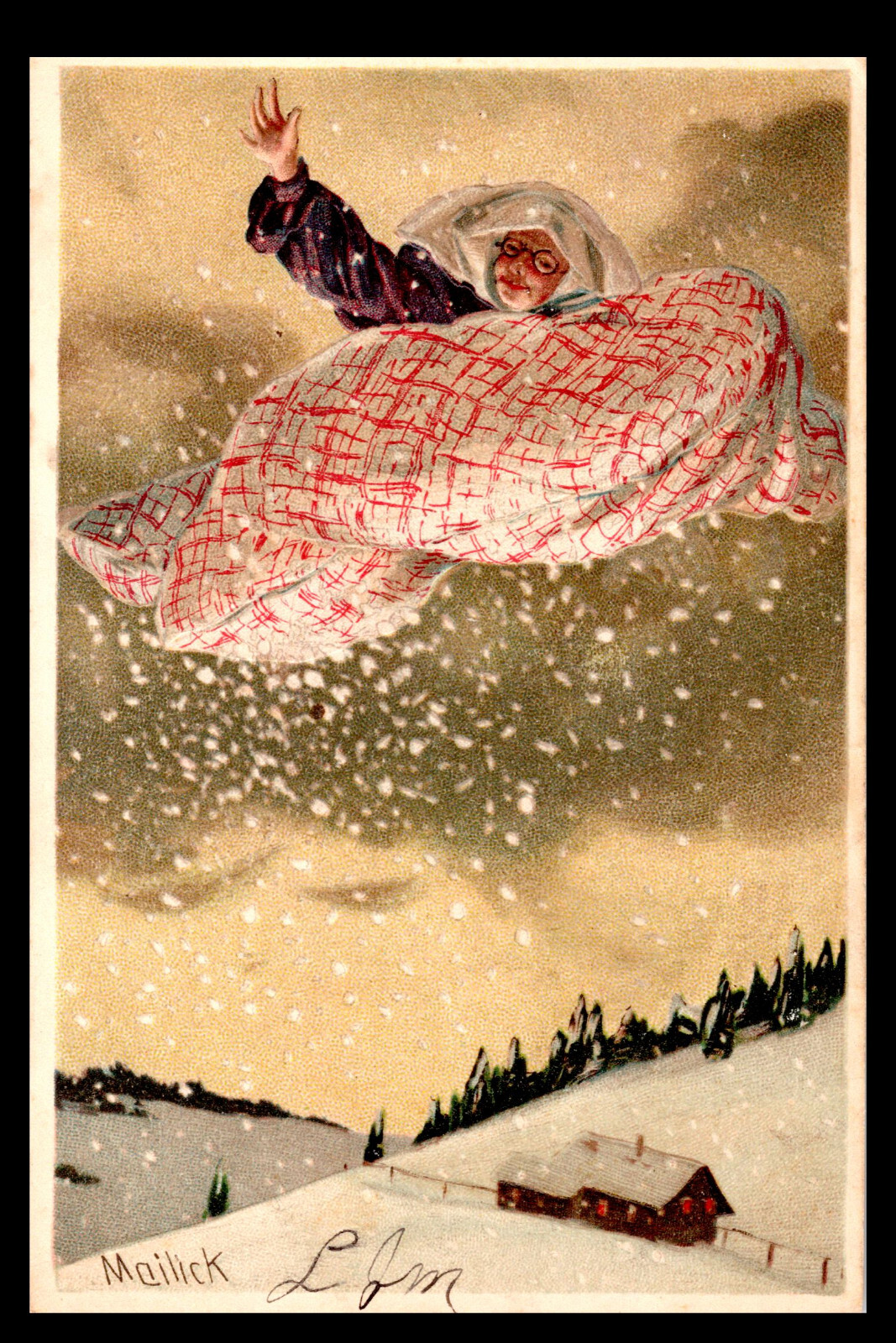 [H3] Postcard Unused Embossed Mailick, Fantasy Boy Flying on Blanket, Snow Scene
