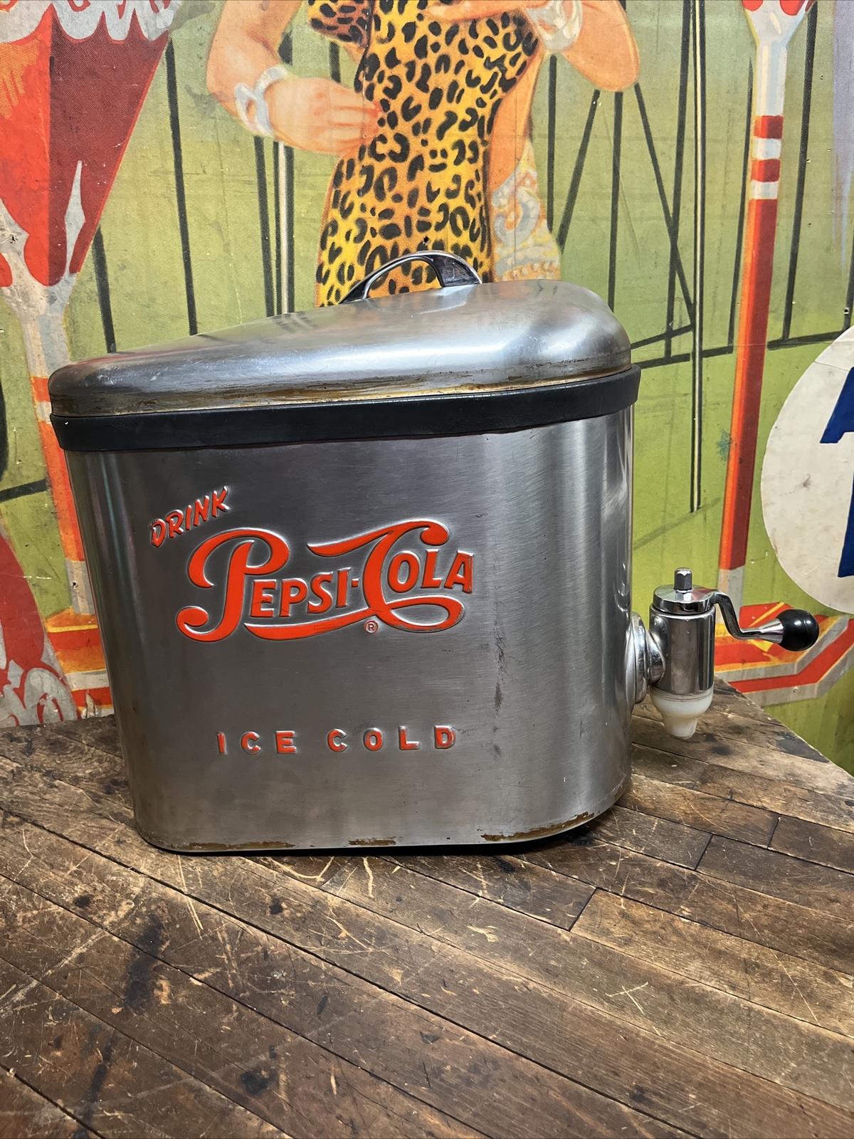 VINTAGE C. 1950 DRINK PEPSI COLA STAINLESS STEEL SODA DISPENSER SIGN COCA COLA VINTAGE C. 1950 DRINK PEPSI COLA STAINLESS STEEL SODA DISPENSER SIGN COCA COLA