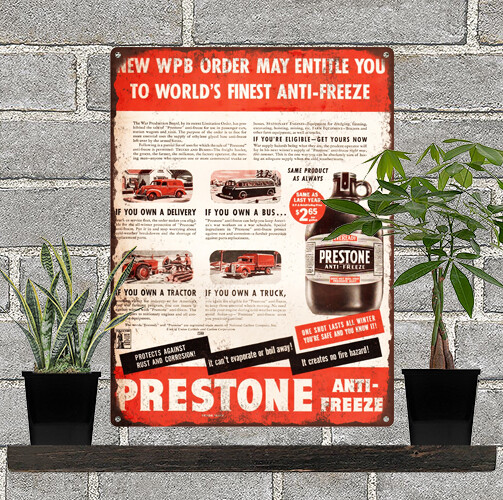 1943 Prestone Anti-Freeze War Glass Jug Bottle Metal Sign Repro 9x12\