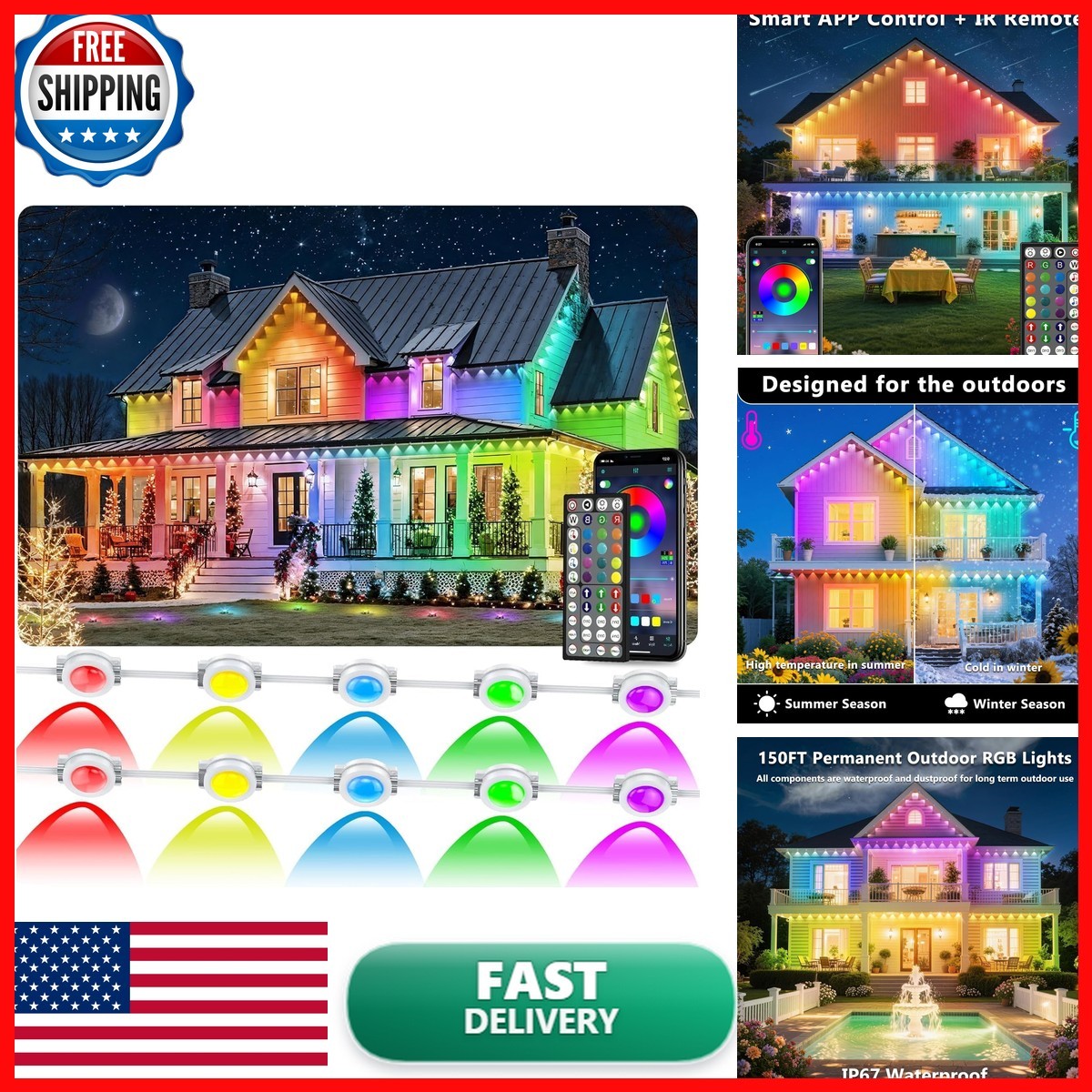 CETELUMA 300FT Permanent Outdoor RGB Lights, IP67 Waterproof Smart Eave