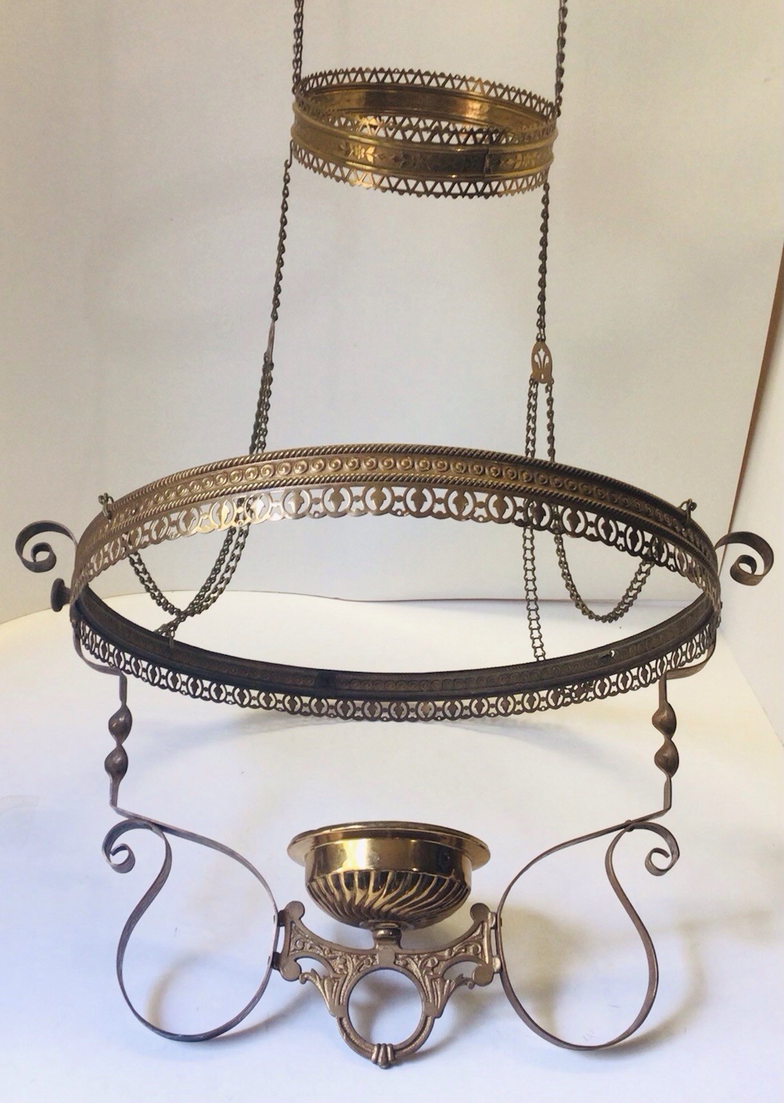 Antique Red Brass Miller Hanging Library Oil Lamp Fixture Frame 14” Shade Ring Antique Red Brass Miller Hanging Library Oil Lamp Fixture Frame 14” Shade Ring