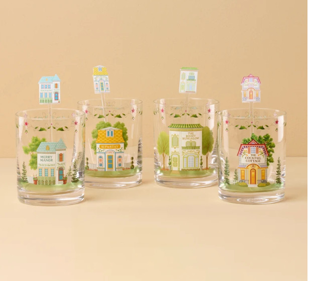 2026 Lenox Spice Village Double Old-Fashioned Glasses with Stirrers, Set of 4