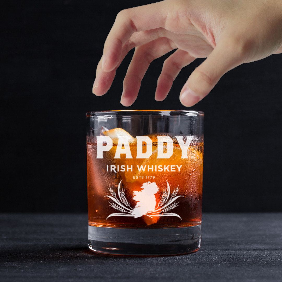 Custom Engraved Paddy Irish Whiskey Glass – 11 oz Standard Rocks Glass Custom Engraved Paddy Irish Whiskey Glass – 11 oz Standard Rocks Glass