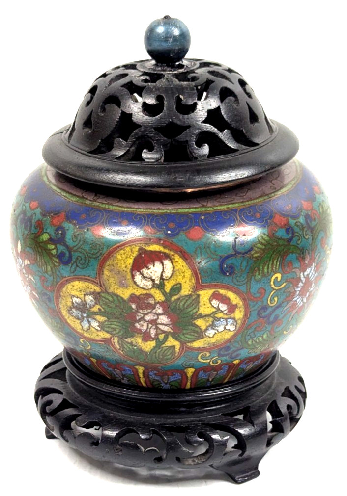 Vintage Chinese Cloisonné Enamel Jar Urn Vibrant Floral Design on Wood Base