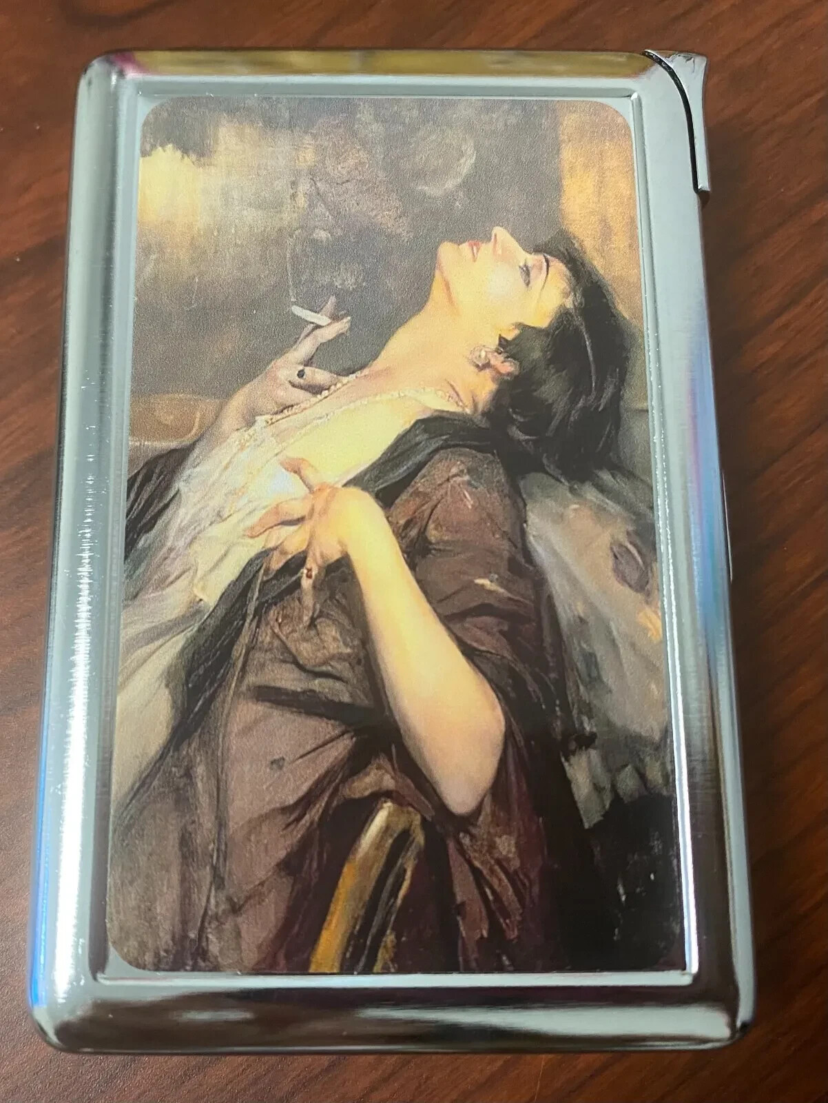 Vintage IMAGE Smoking Woman 100\'s Size Cigarette Case w/built in lighter Wallet
