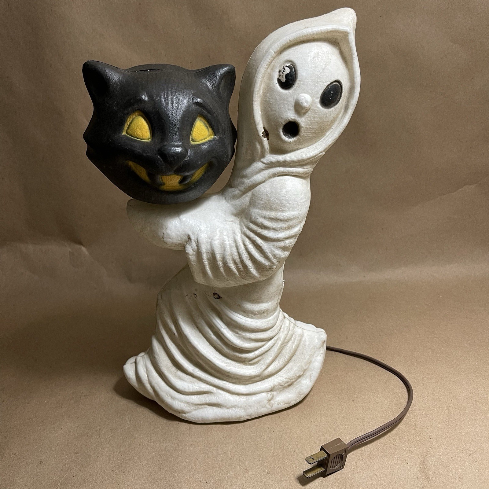 Vintage 1970s Halloween General Foam Plastics GHOST & BLACK CAT HEAD Blow Mold