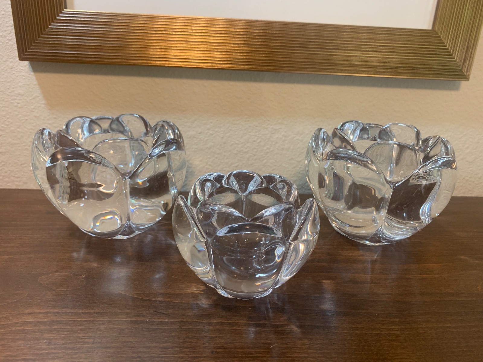VTG SET OF 3 HEAVY GLASS FLOWER CANDLEHOLDERS