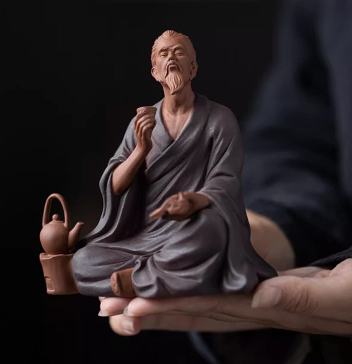 Chinese Zi Sha Clay Lu Yu Statue Tea-tasting Figure Tea Saint Drinking Decor