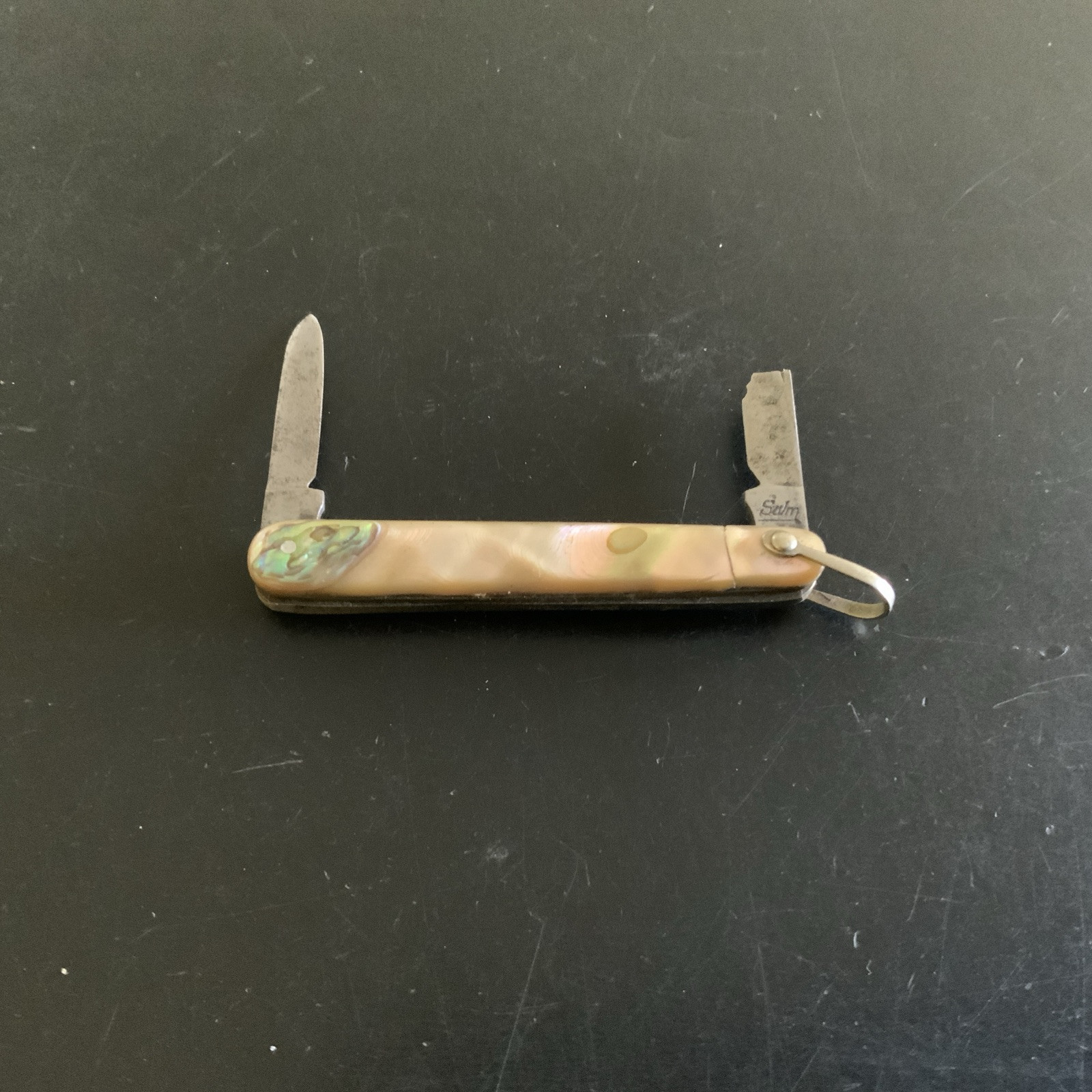 Vintage John Salm 2 Blade Pocket Knife Abalone Handles Broken Blade