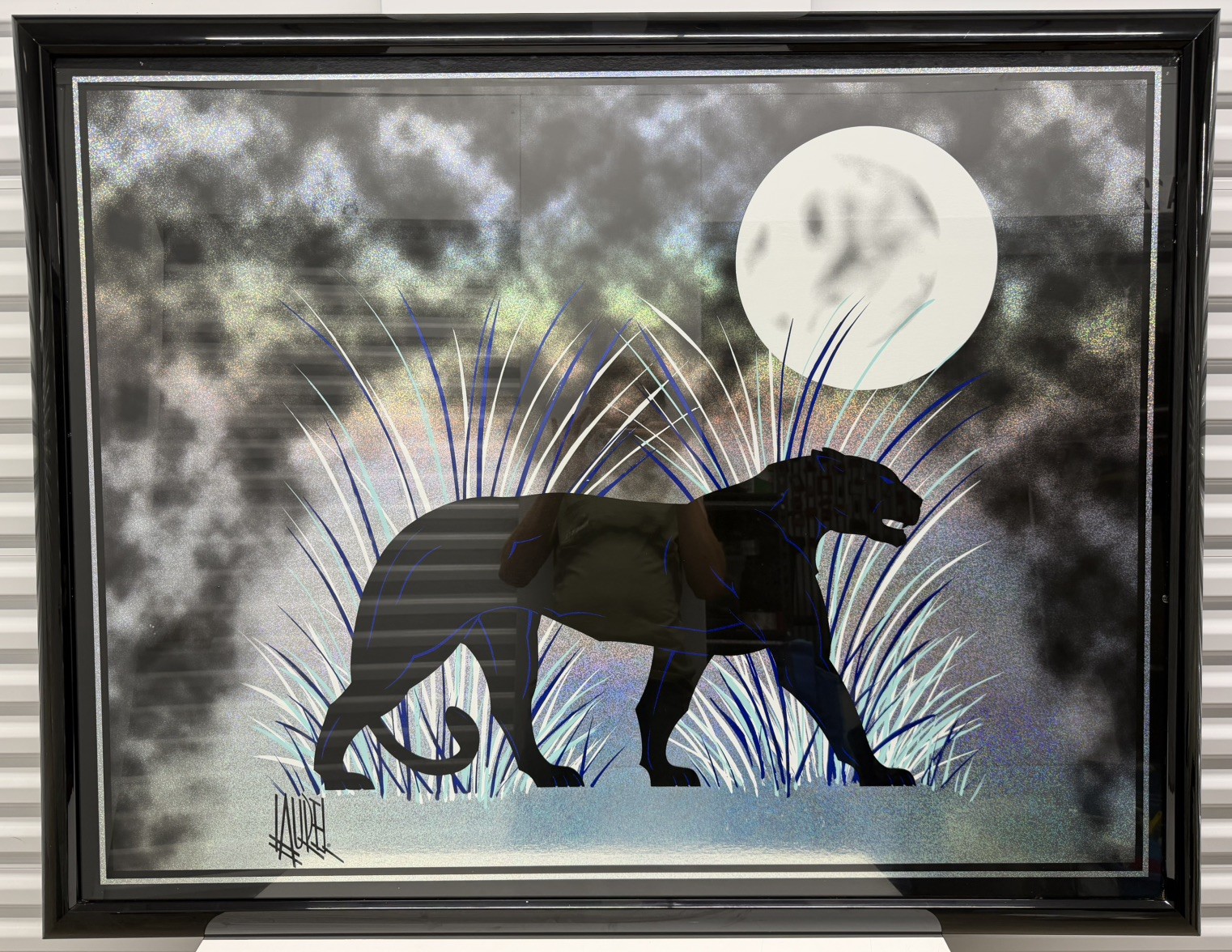 1980s Art Deco Revival Style Panther Mirrored Reverse Glass Painting Laurel Art