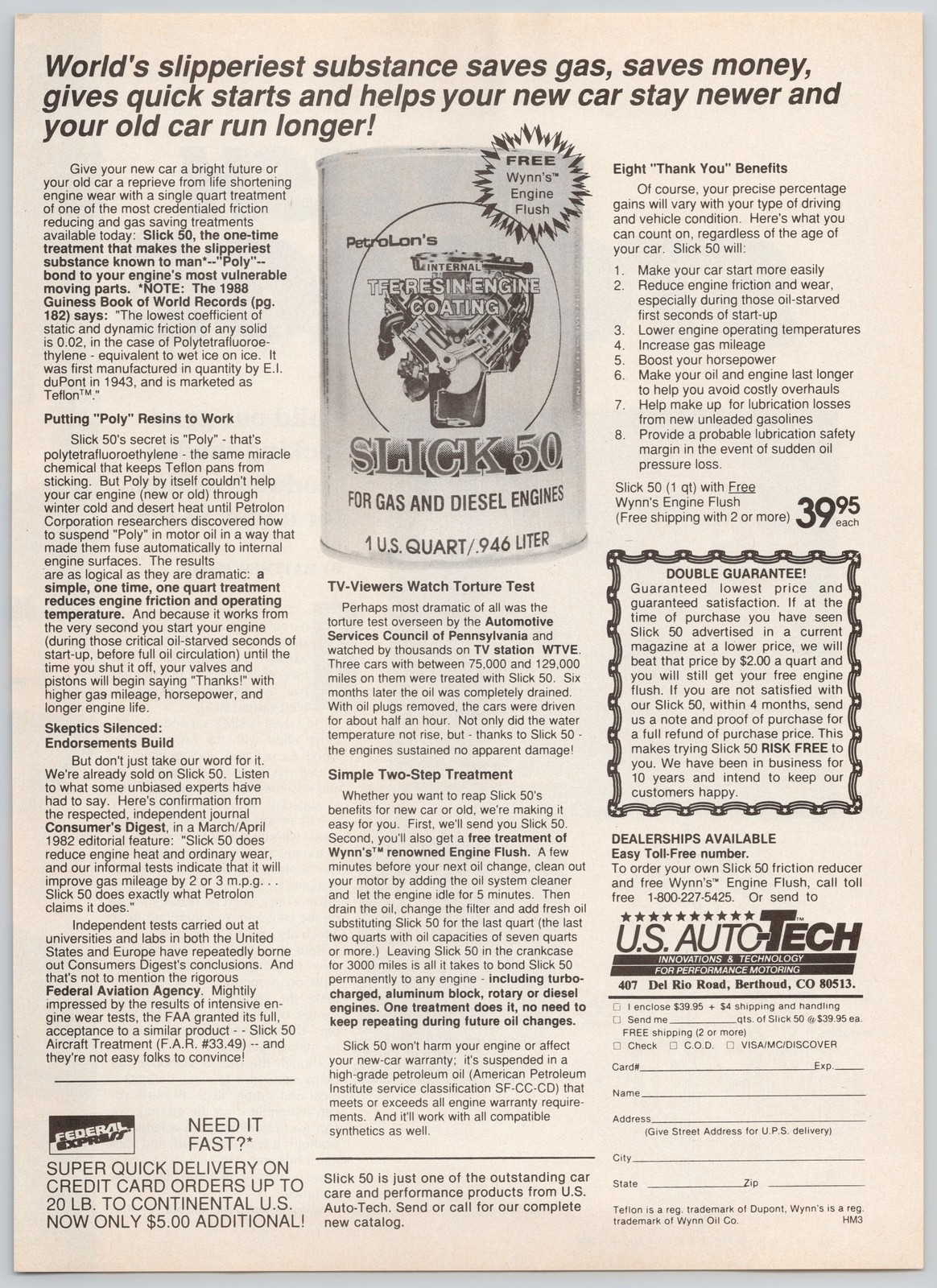 Slick 50 Petrolon Engine Coating Treatment Cars 1989 Vintage Print Ad