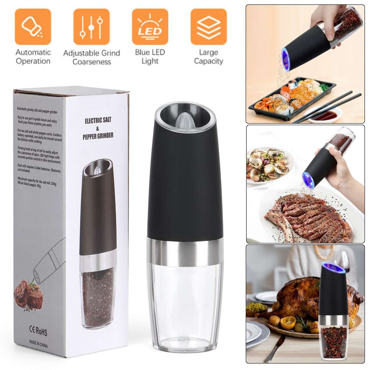 Auto Electric Gravity Salt & Pepper Grinder Mill Set w/ Adjustable Coarseness US Auto Electric Gravity Salt & Pepper Grinder Mill Set w/ Adjustable Coarseness US