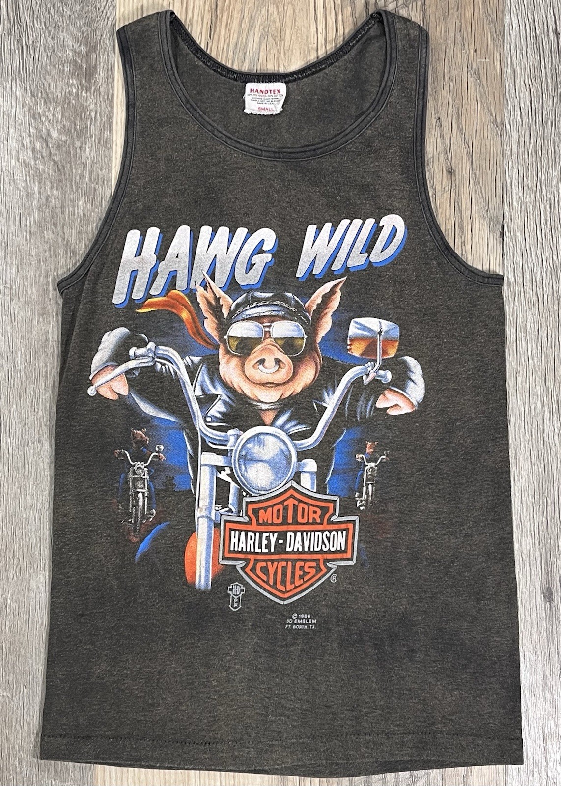 VTG 3D EMBLEM 1986 Harley Davidson Hawg Wild SMALL Tank Top Handtex USA SHRUNK VTG 3D EMBLEM 1986 Harley Davidson Hawg Wild SMALL Tank Top Handtex USA SHRUNK