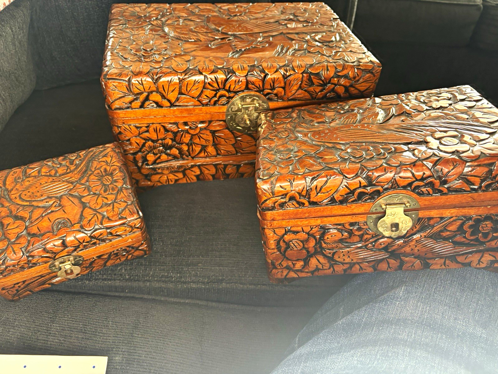 Set of 3 vintage Chinese hand carved boxes  with Red Lining and ￼Latch Lid